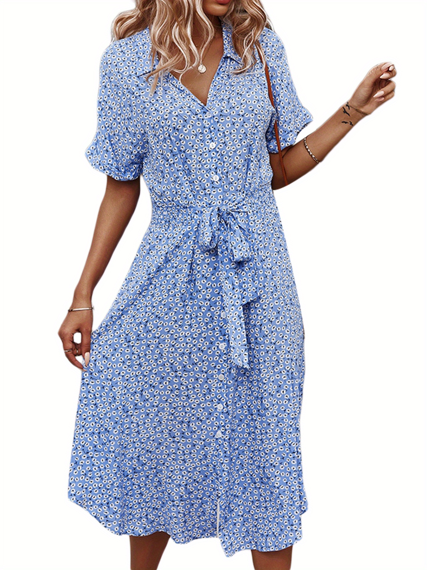 Floral Print Button Up Collared Dress, Casual Short Sleeve Tied Waist Midi Dress, Women's Clothing