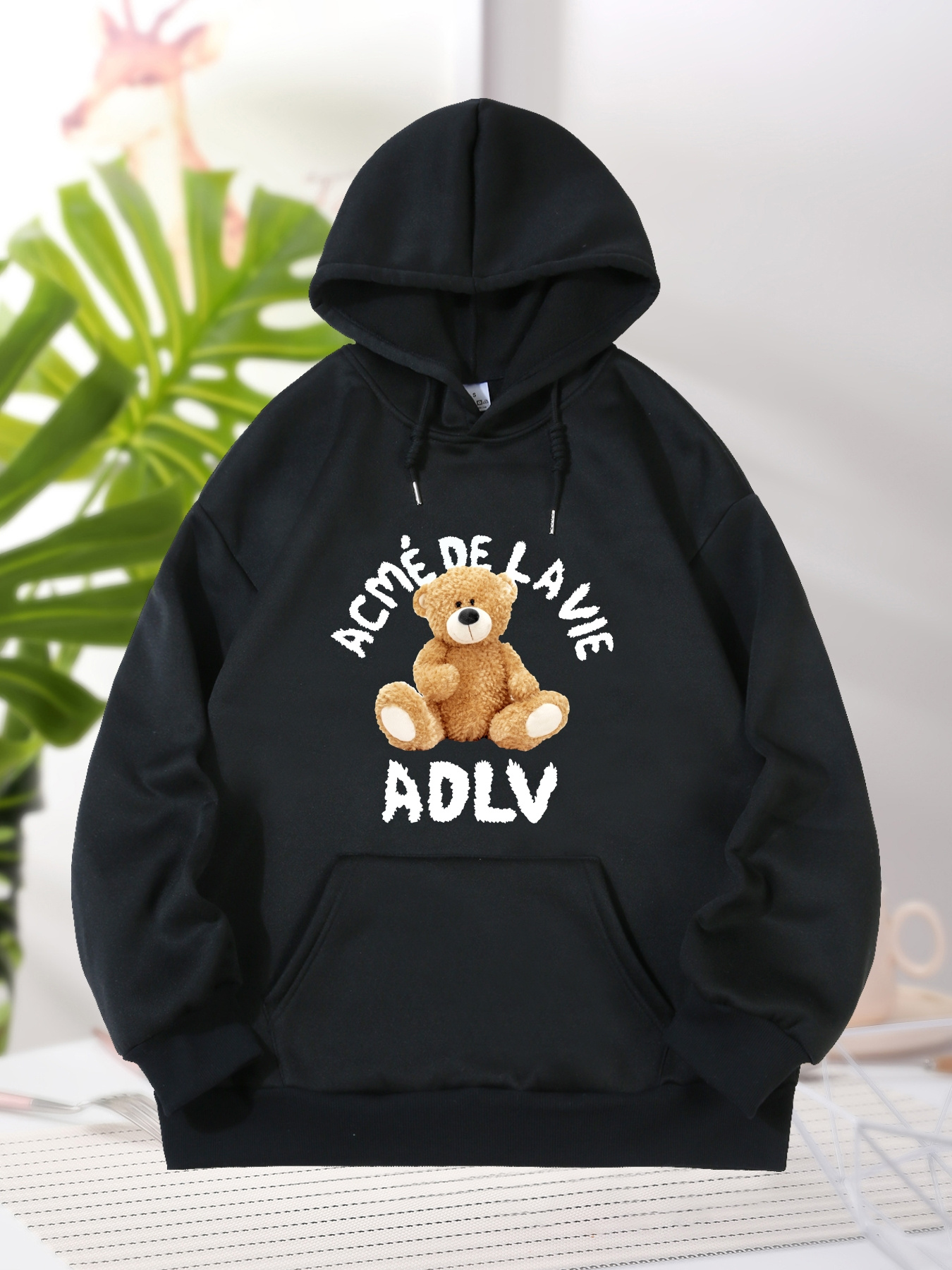 Bear And Letter Graphic Long Sleeve Hooded Sweatshirt, Fashion Drawstring Kangaroo Pocket Hoodie, Women's Clothing