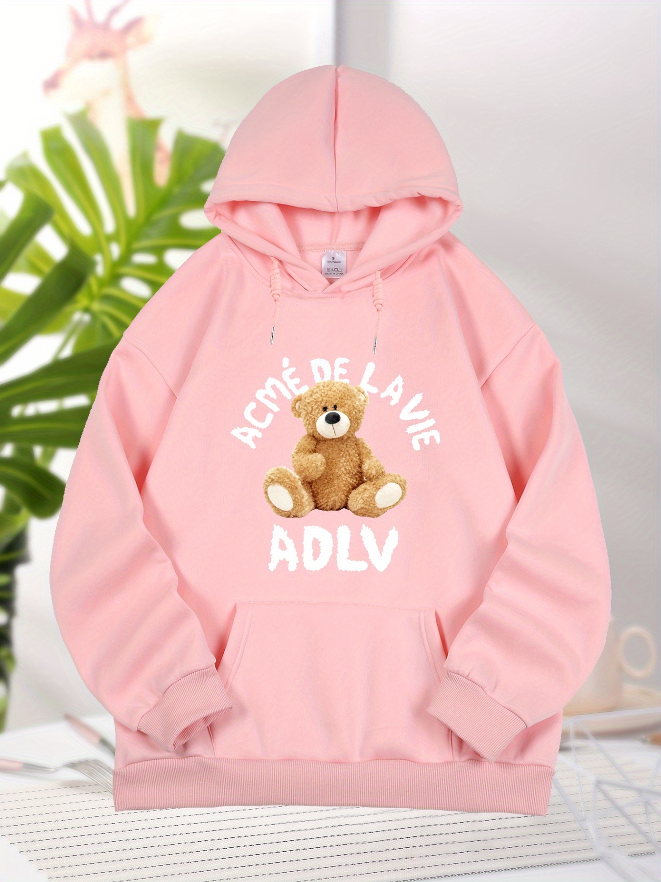 Bear And Letter Graphic Long Sleeve Hooded Sweatshirt, Fashion Drawstring Kangaroo Pocket Hoodie, Women's Clothing