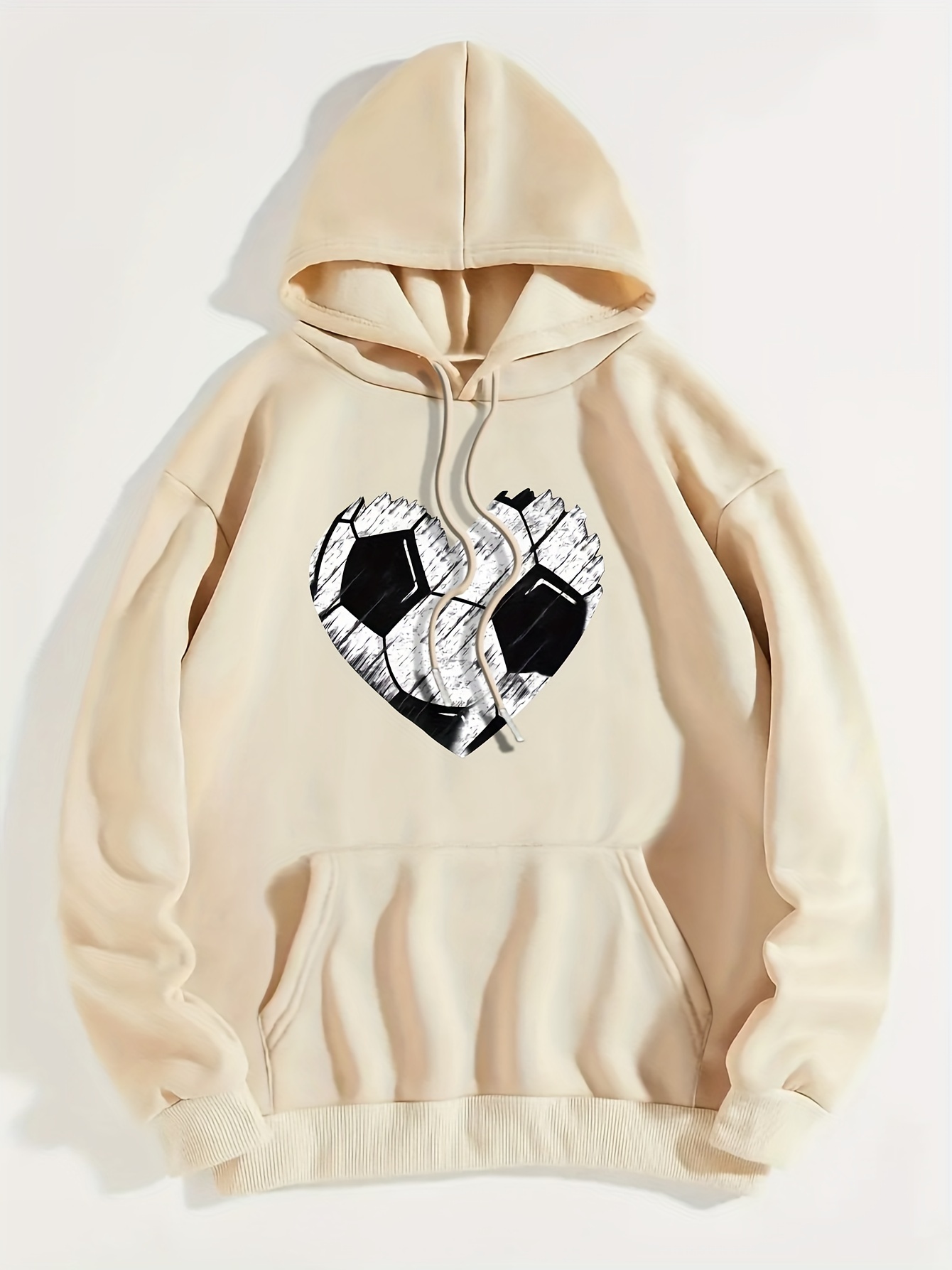 Heart Football Print Hoodie, Casual Kangaroo Pocket Long Sleeve Drawstring Hoodie For Fall & Winter, Women's Clothing