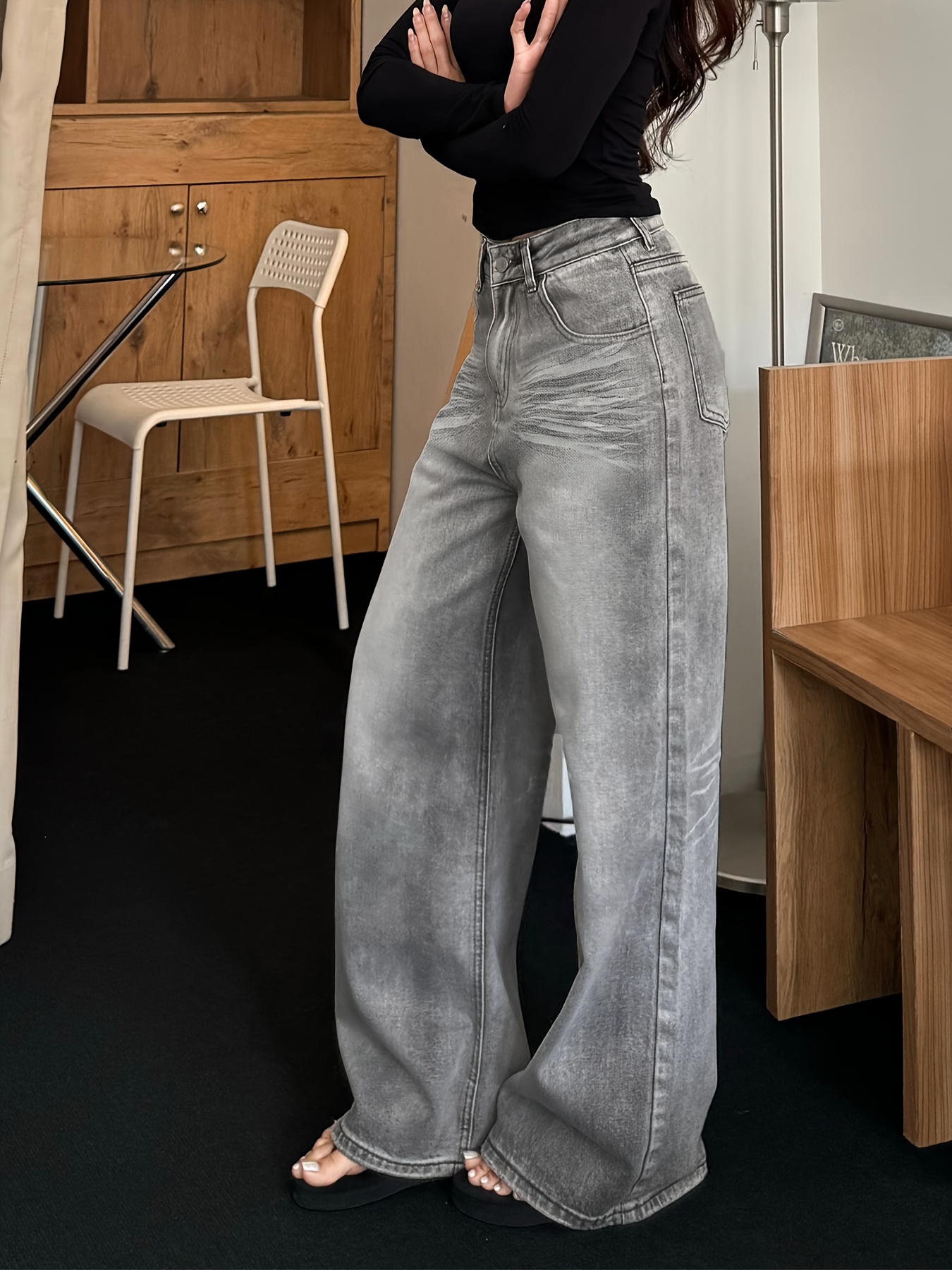 Women's Retro High-Waisted Jeans, Cotton Blend, Four-Seasonal, Straight Leg, Pocket, Machine Washable, NVFelix Brand