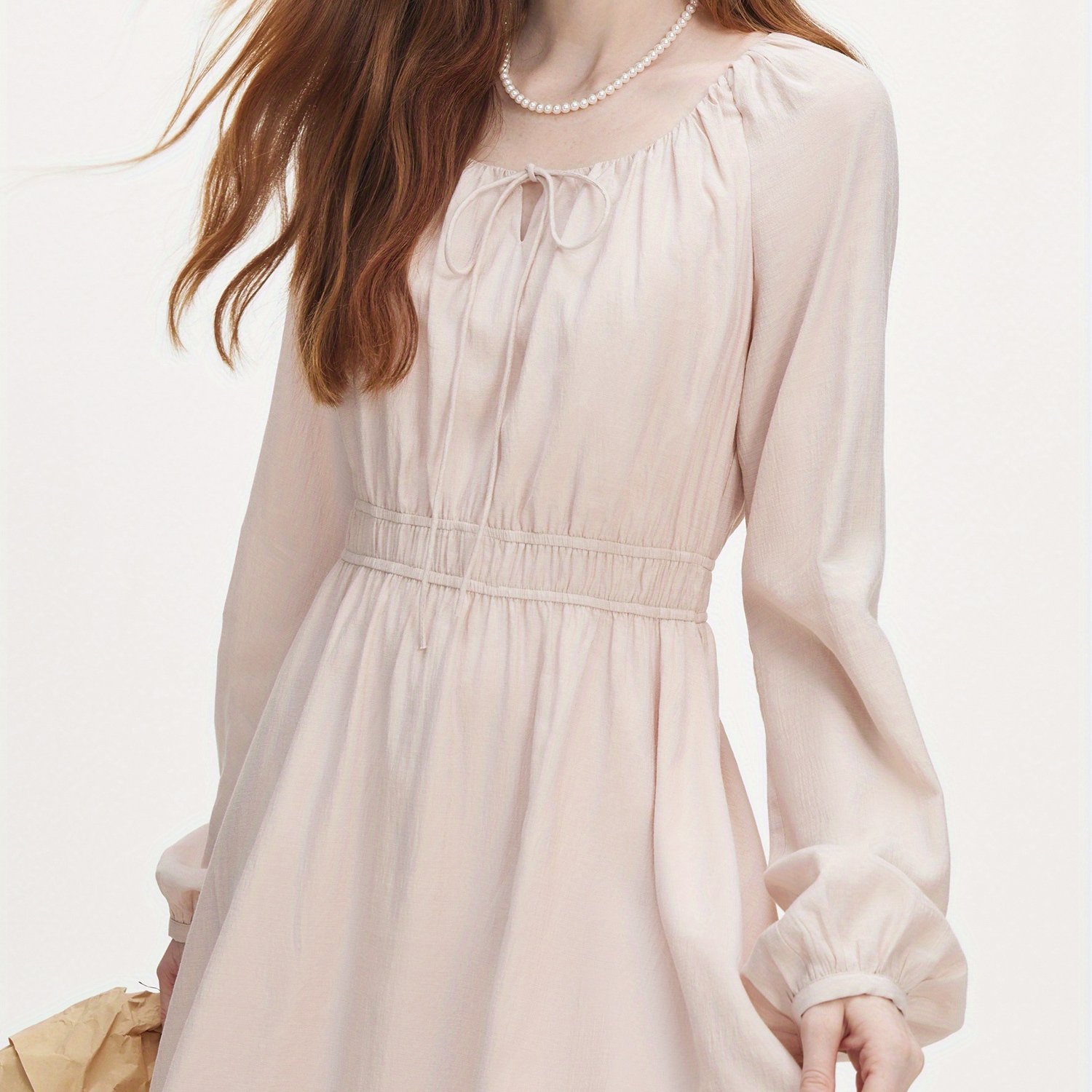 Fsle Women's Elegant Long Sleeve Midi Dress - Casual Crew Neck, Waist-Cinching, Solid Color With Textured Detail, Viscose FPolyester FPolyamide Blend, Hand Washable, Fall Season