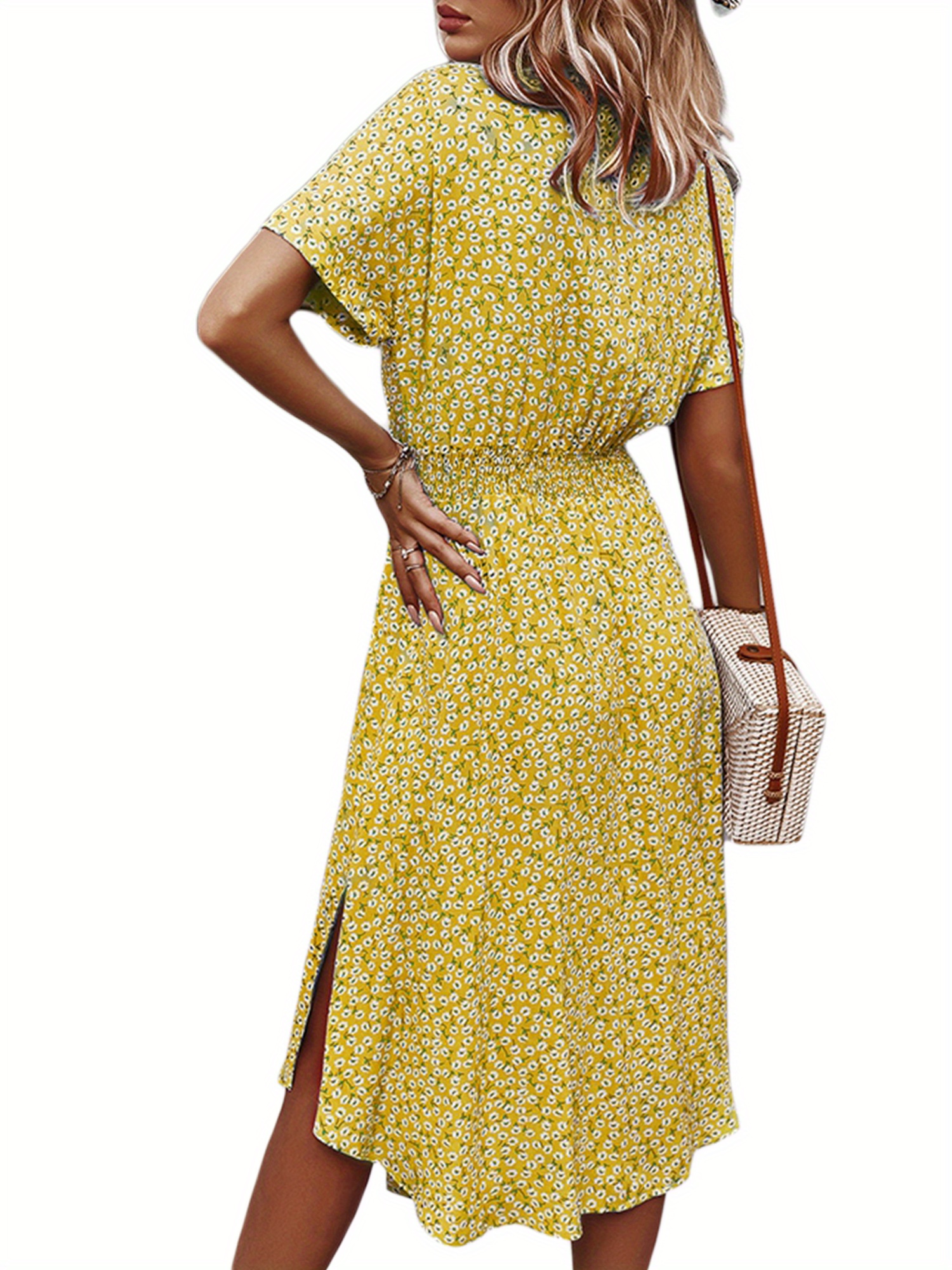 Allover Print Single Breasted Shirt Dress, Elegant Short Sleeve Belted Dress For Spring & Summer, Women's Clothing