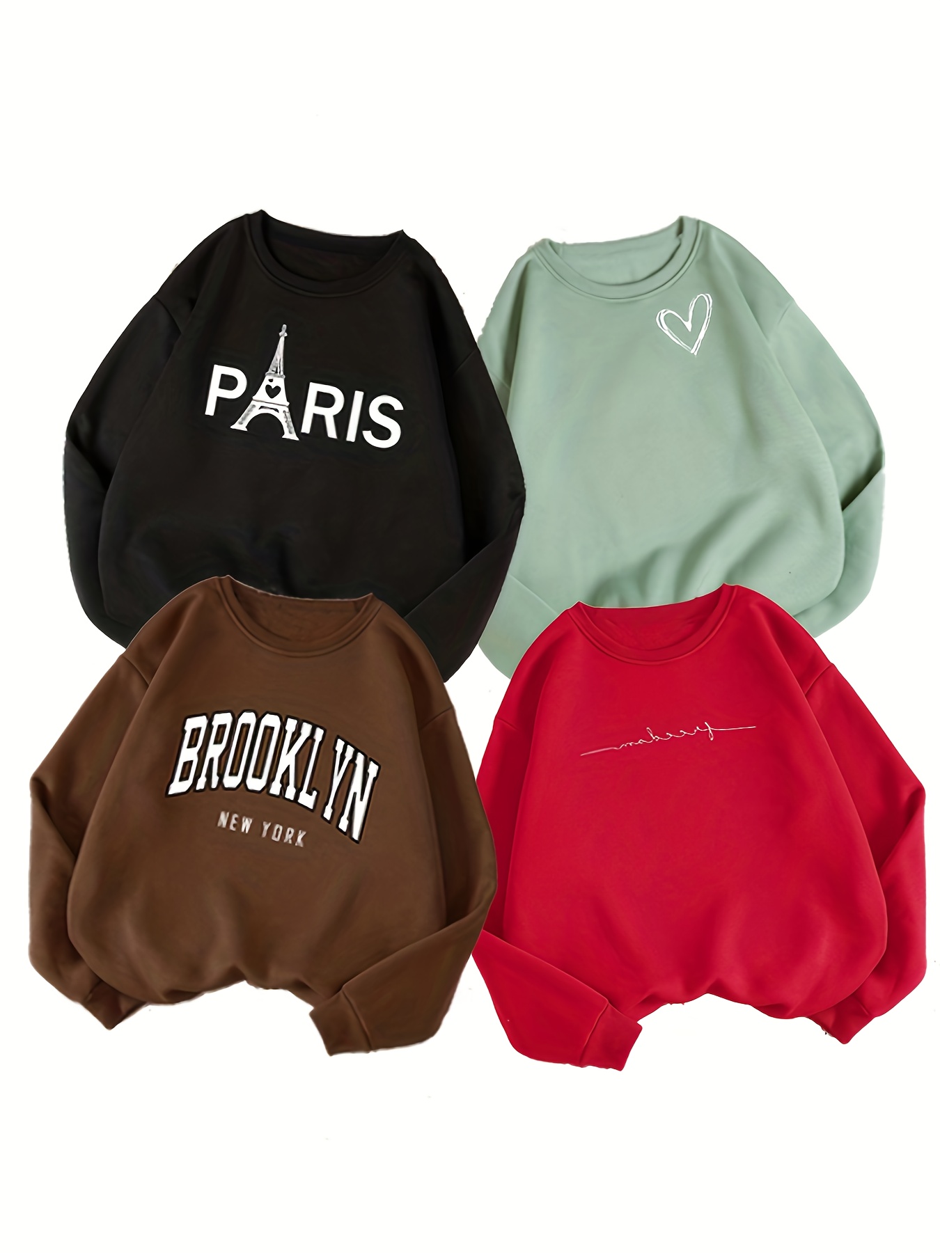 4pcs Printed Round Neck Sports Sweatshirt, Long Sleeve Pullover Sweatshirt, Women's Clothing