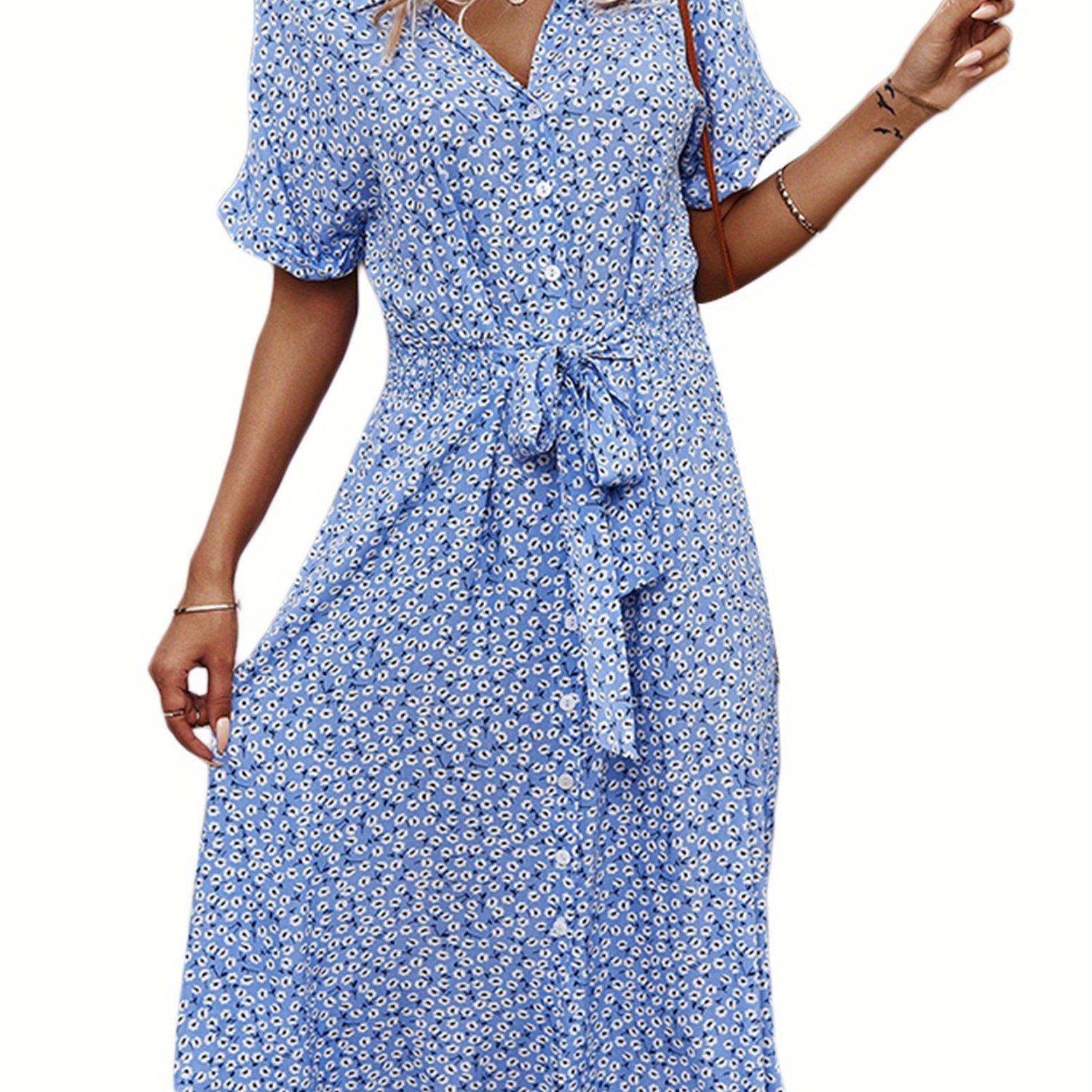 Floral Print Button Up Collared Dress, Casual Short Sleeve Tied Waist Midi Dress, Women's Clothing