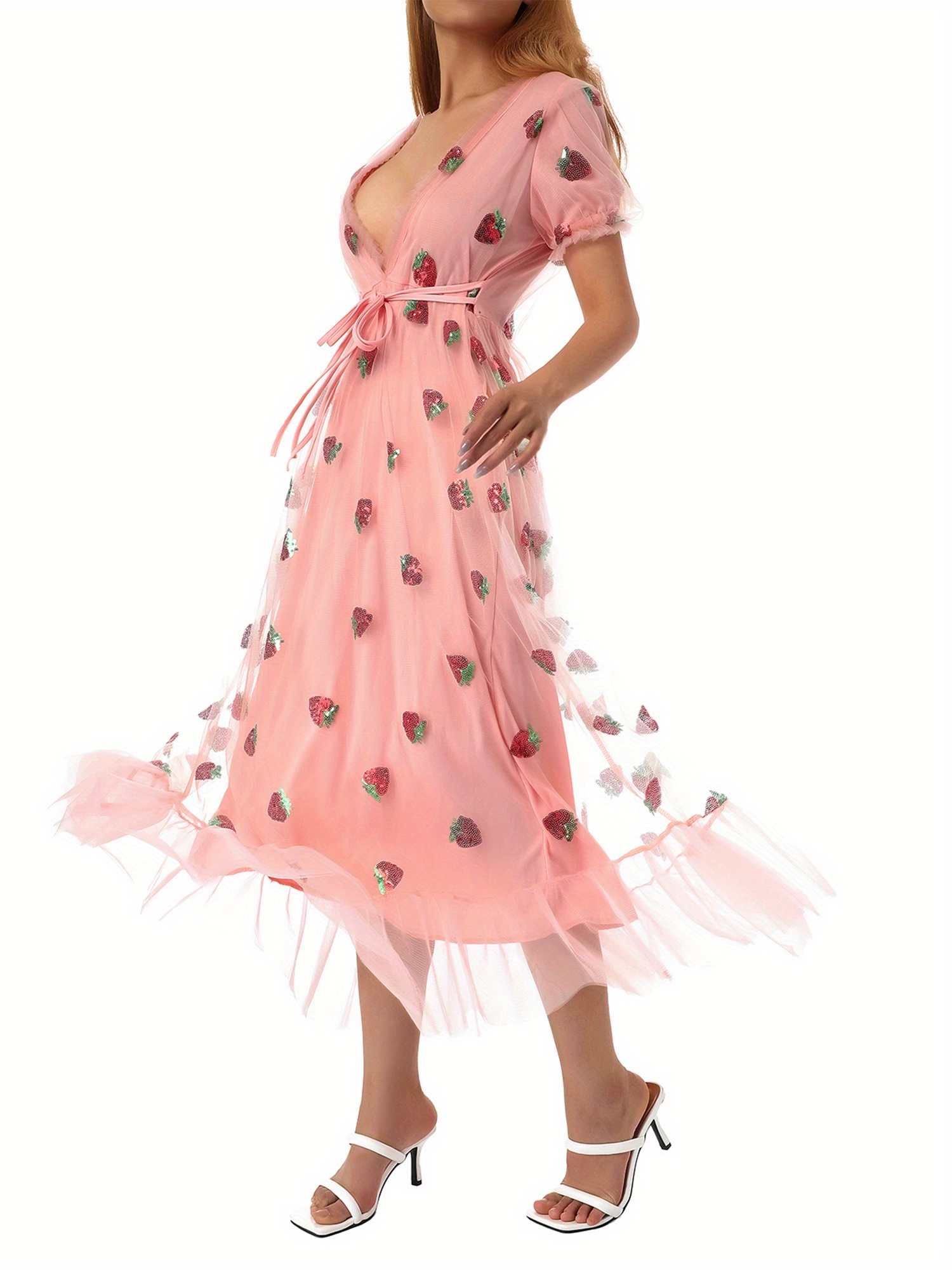Women Sequin Embroidered Strawberry Cocktail Dress Lace Up Mesh Yarn Plunge V Neck A-line Pleated Dresses