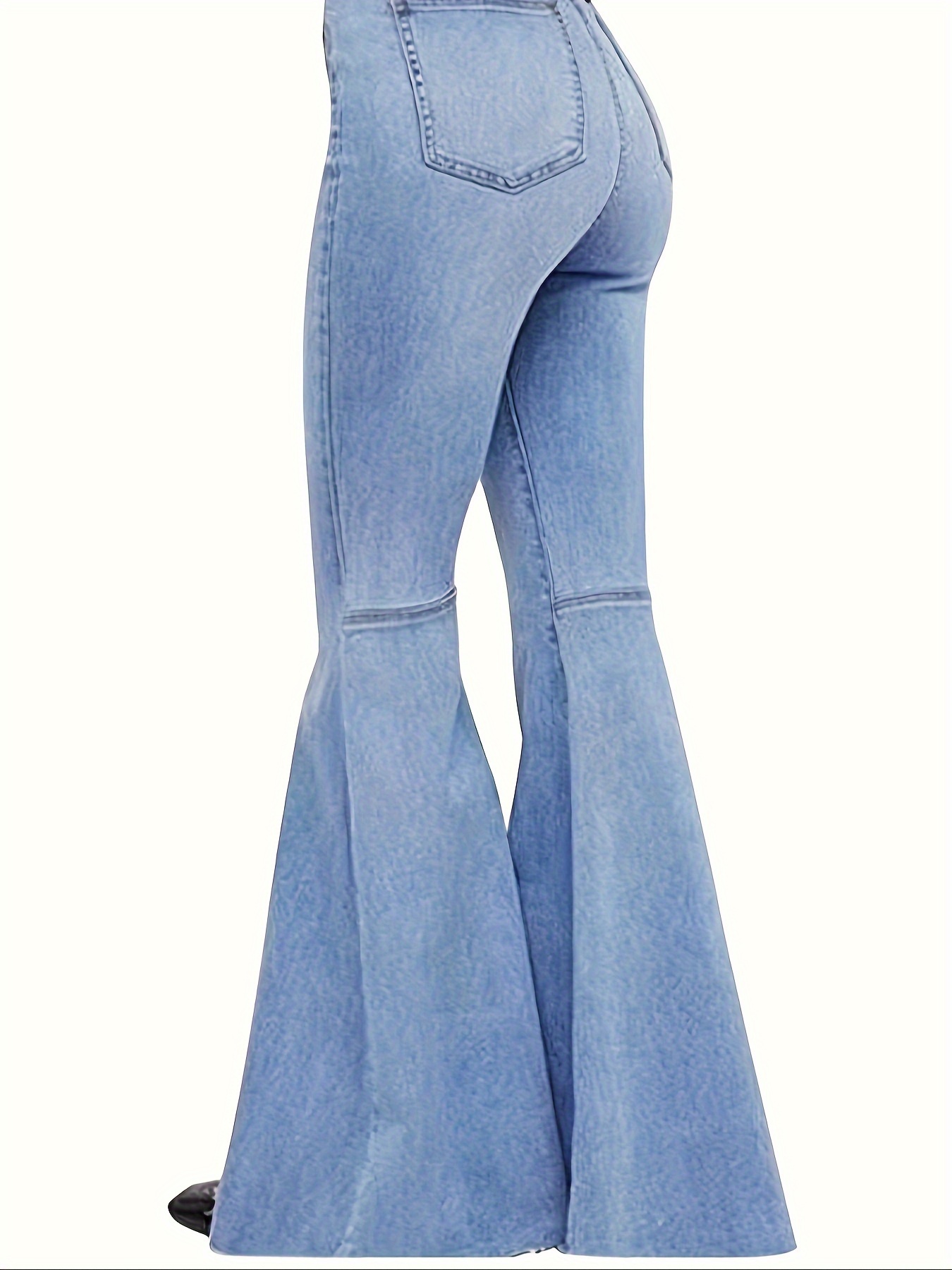Chic Womens Bell Bottom Jeans - Comfortable High Waist, Super Stretch, Raw Hem, Flared Legs - Curvy Fit, Fashion-Forward Classic Blue