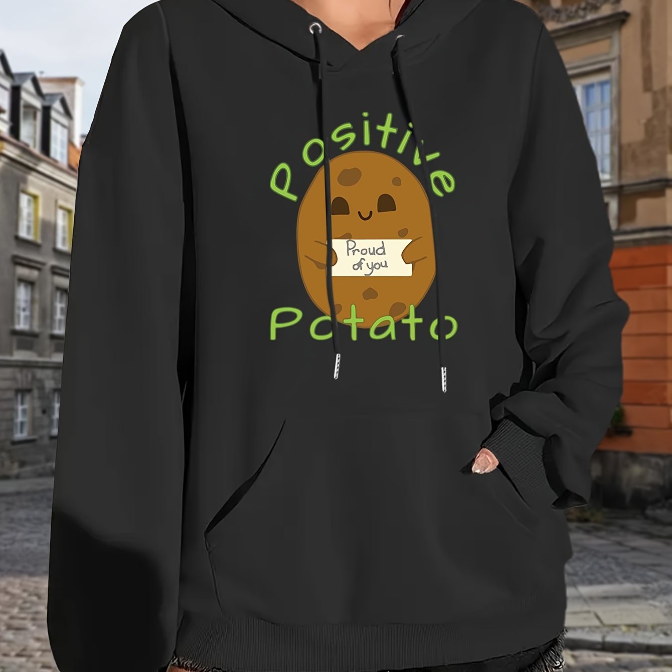Fashion Creative Potato Chip Print Pattern Hooded Sweatshirt, Drawstring Long Sleeve Front Pocket Sweatshirt, Women's Autumn Winter Sports Sweatshirt, Womens