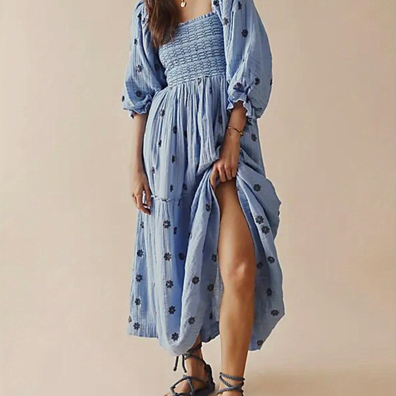Women Summer Casual Long Dress 3D Embroidered Flowers Square Neck Puff Sleeve Dress Fashion Backless A-line Dress
