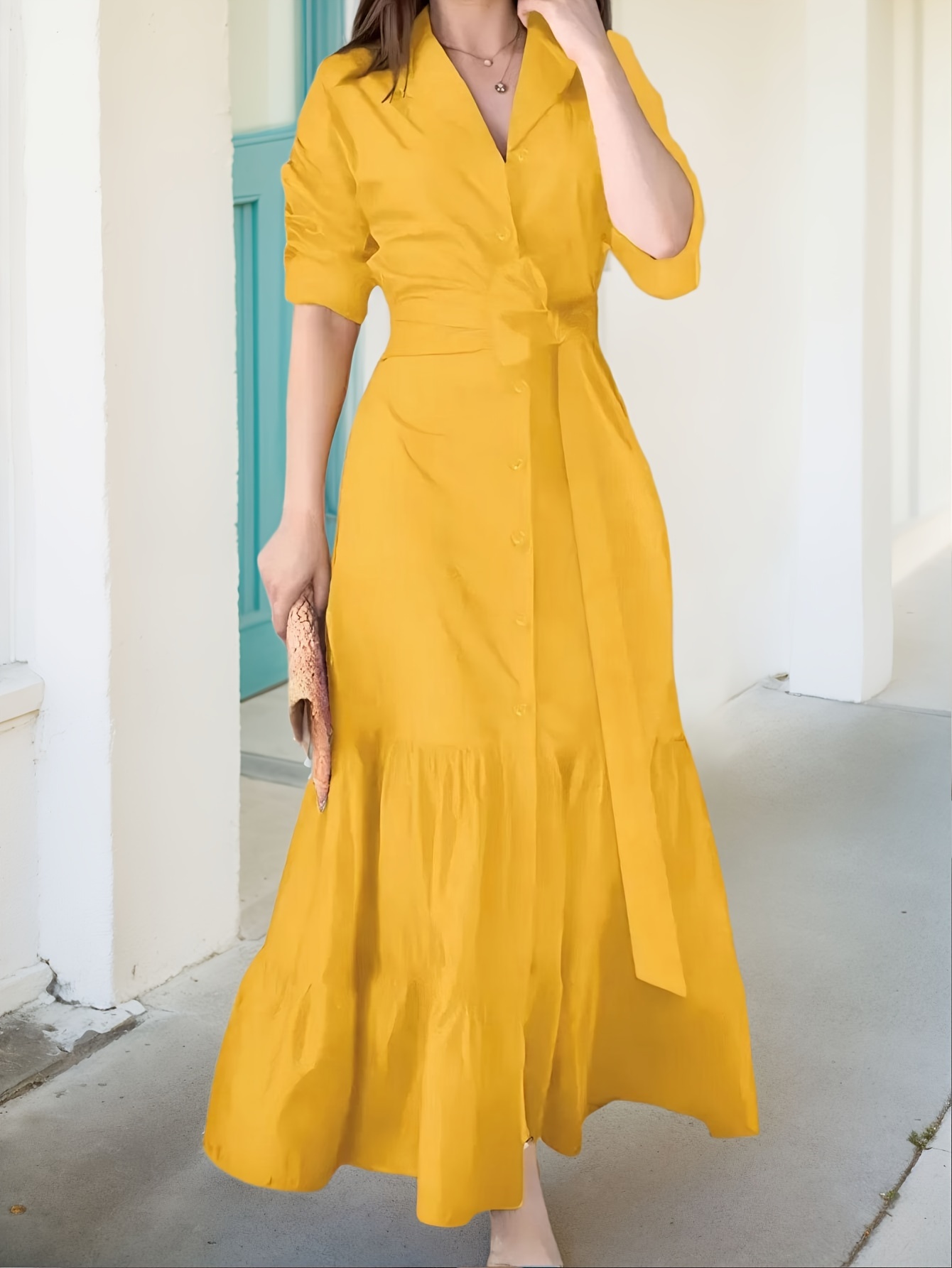 Women's Casual Tie V Neck Dress Fall Winter Long Sleeve A Line Swing Tunic Maxi Dress