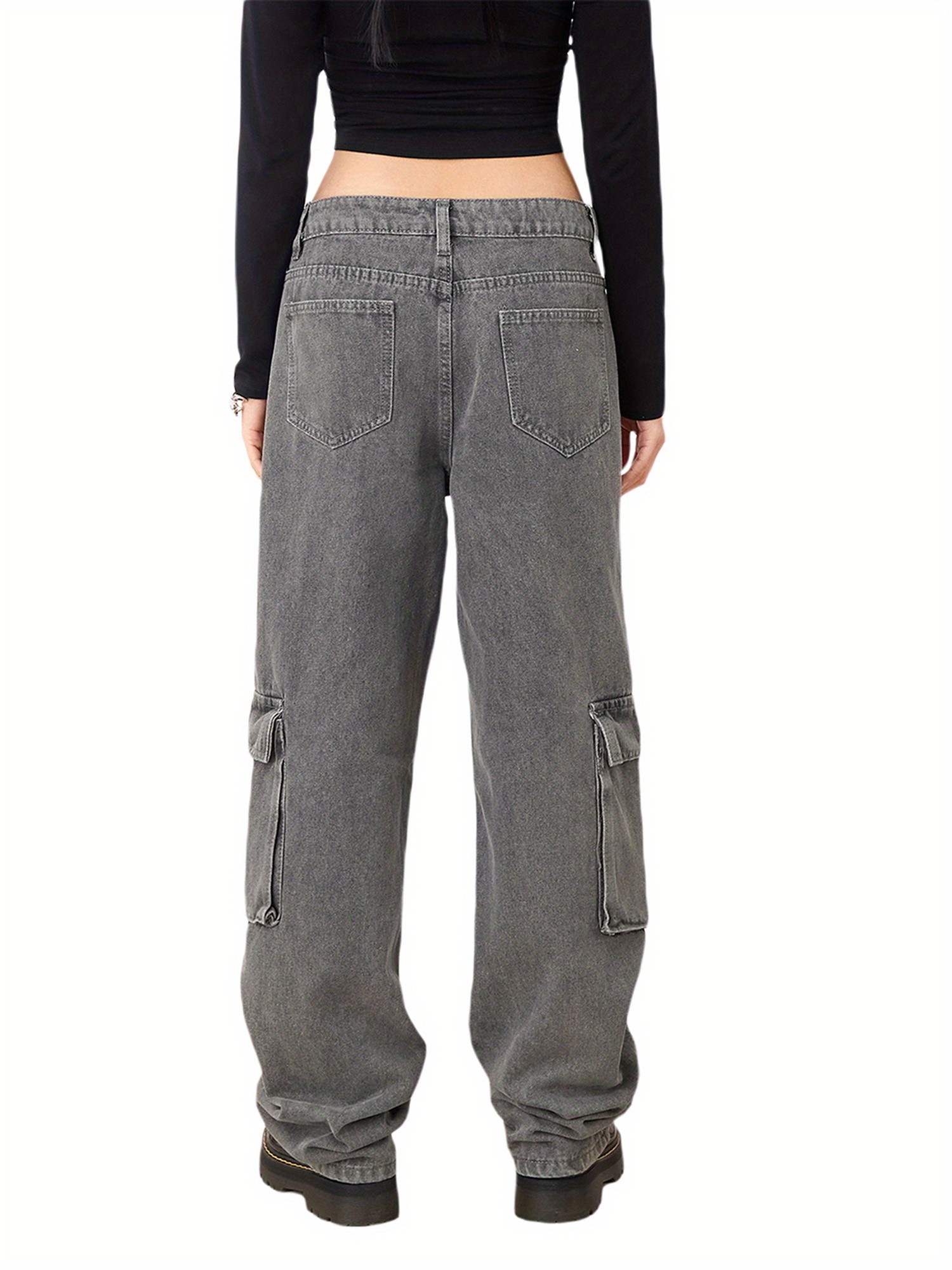 Women Straight Denim Pants, Big Pockets Star Print Long Pants Street Casual Fall Spring Trousers