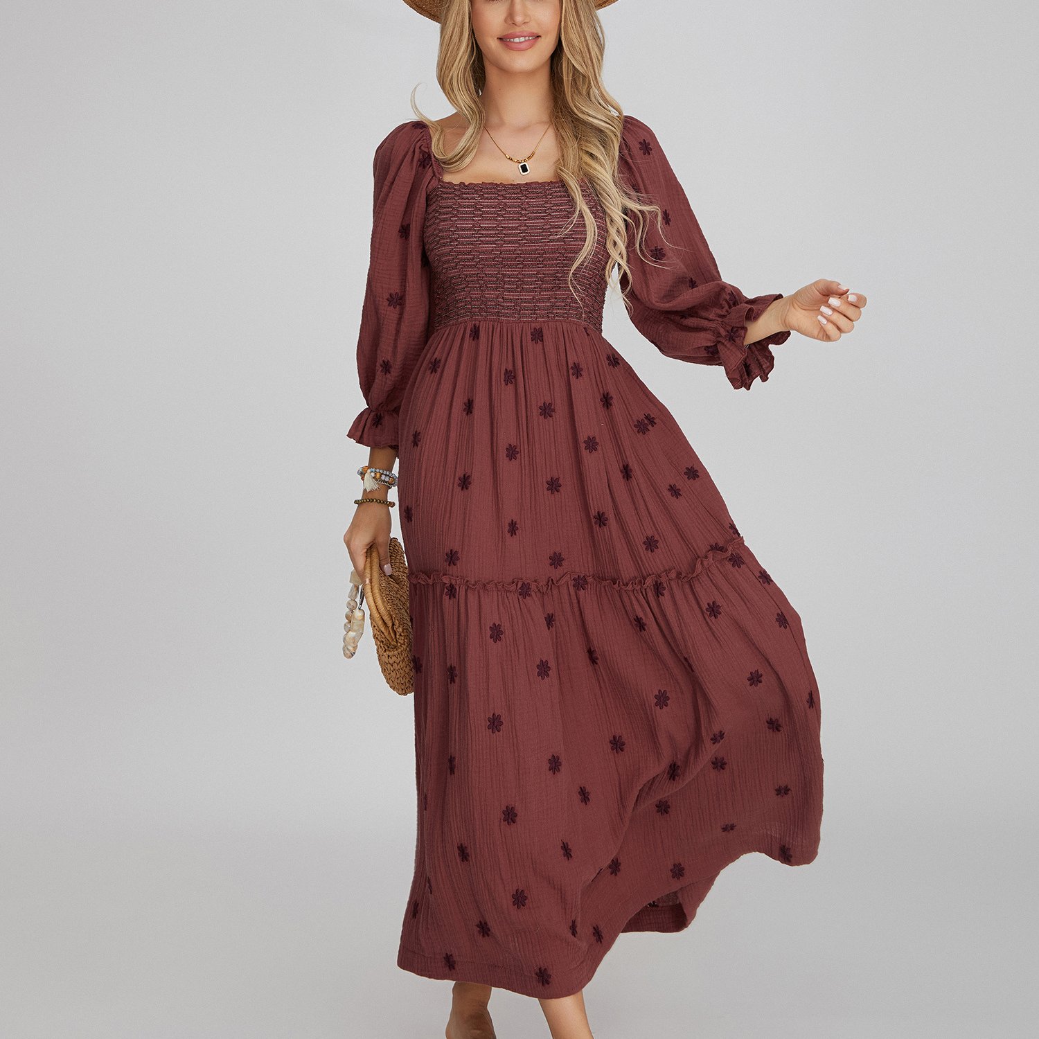 Women Summer Casual Long Dress 3D Embroidered Flowers Square Neck Puff Sleeve Dress Fashion Backless A-line Dress
