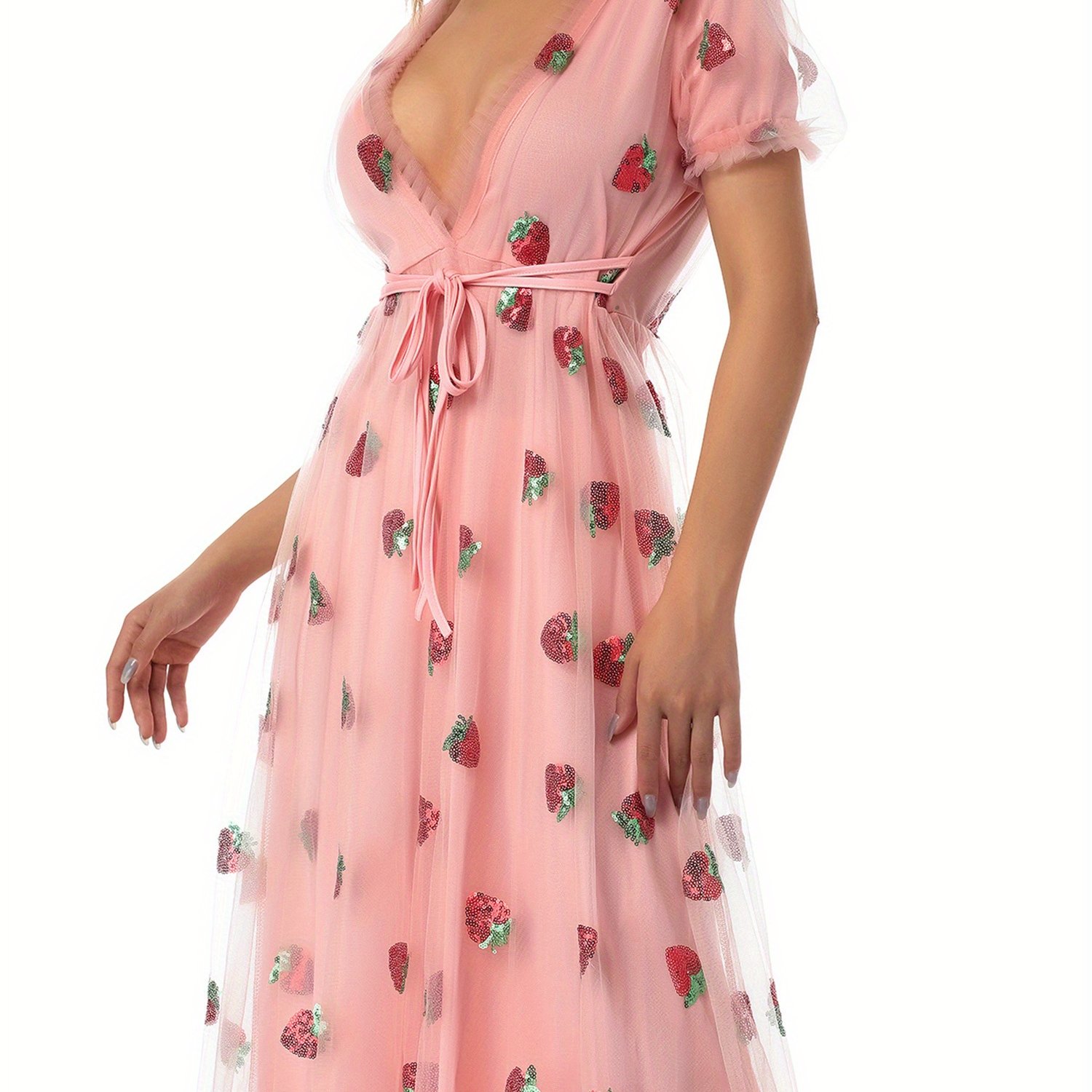 Women Sequin Embroidered Strawberry Cocktail Dress Lace Up Mesh Yarn Plunge V Neck A-line Pleated Dresses