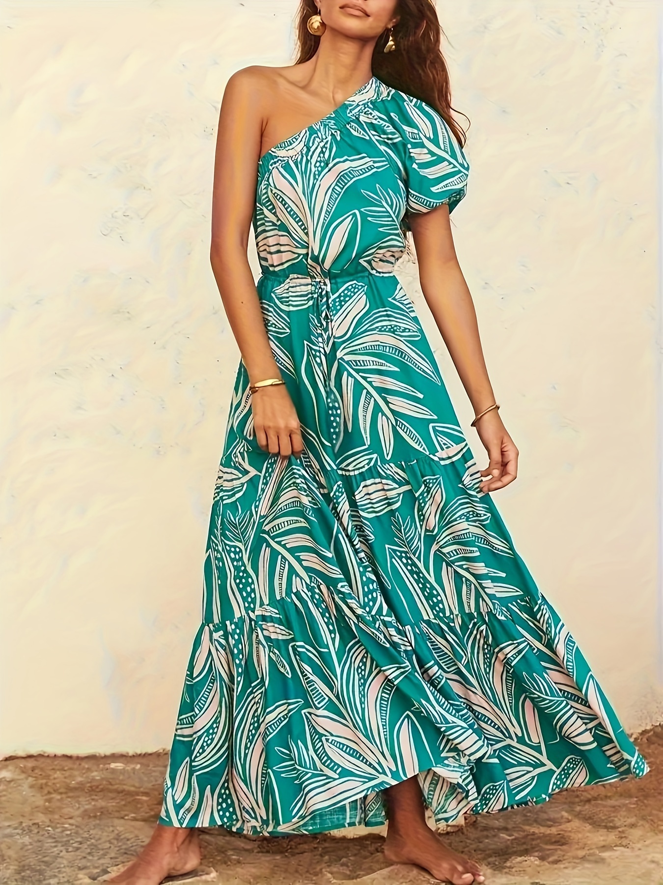 Women's One Shoulder Floral Long Dress, Print Puff Sleeve Asymmetrical Neck Ruffle Maxi Dress, A-Line Summer Vacation High Waist Beach Dress