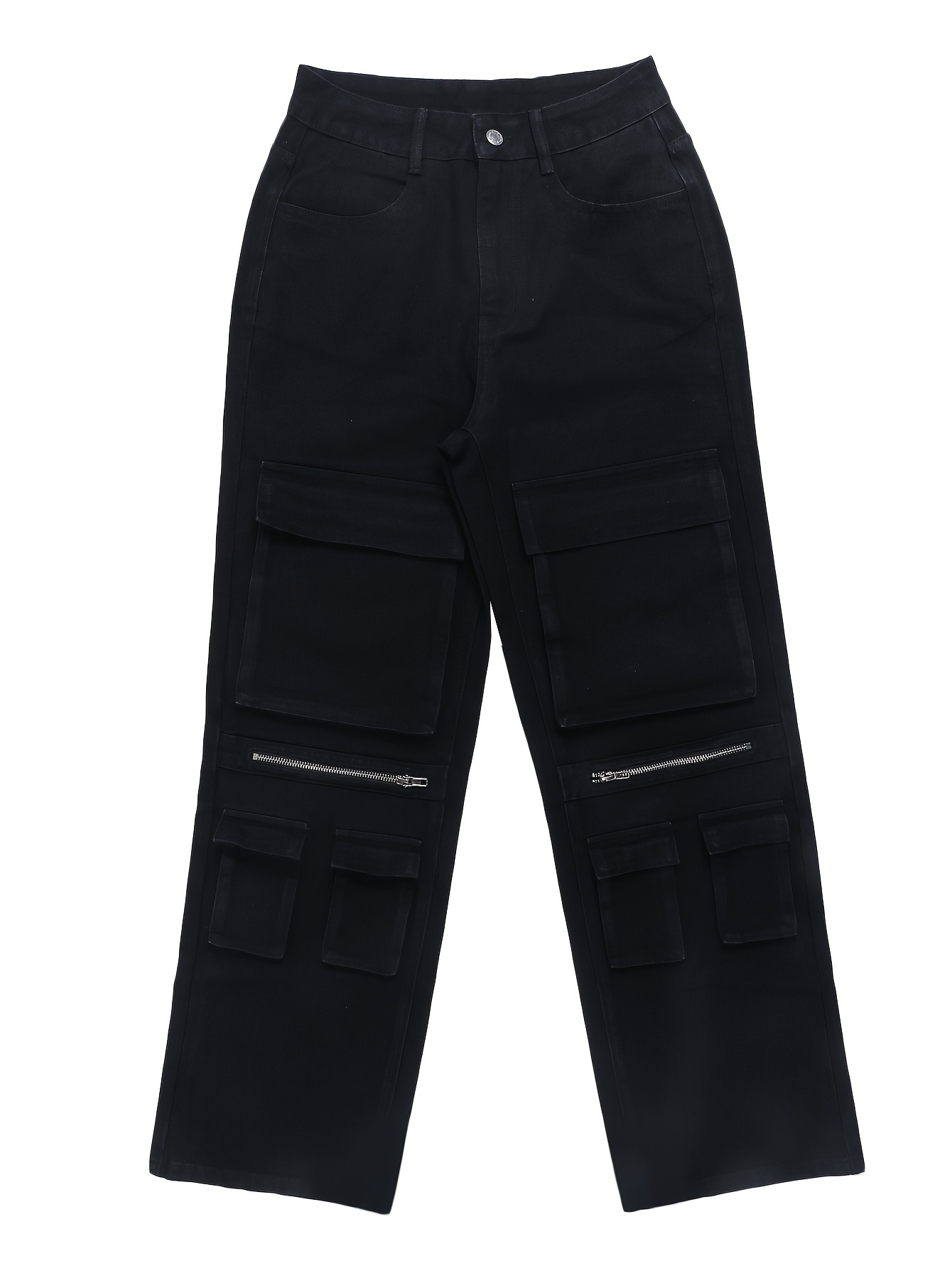 Women's High-Waisted Streetwear Jeans With Multiple Pockets, Cotton Blend Fabric, Machine Washable, All-Season