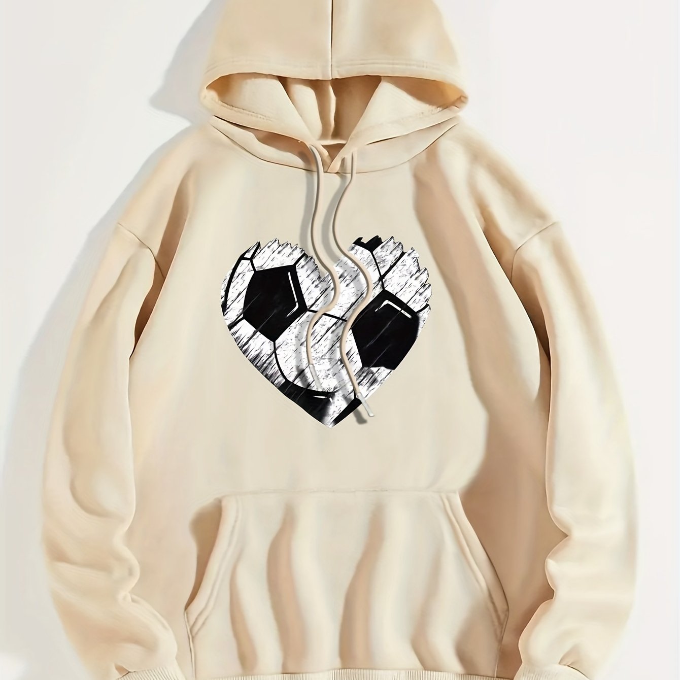 Heart Football Print Hoodie, Casual Kangaroo Pocket Long Sleeve Drawstring Hoodie For Fall & Winter, Women's Clothing