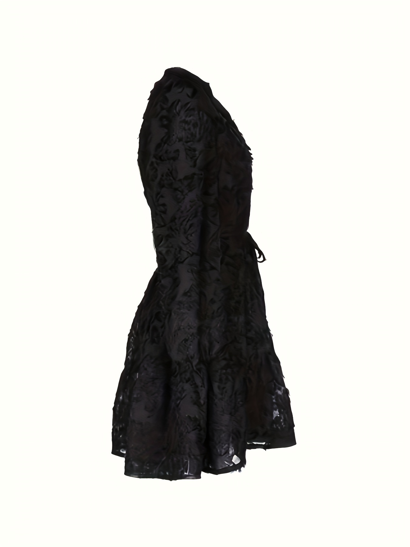 Elegant Bohemian Style Little Black Dress For Autumn Three-dimensional Flower Long-sleeved Round Neck Dress