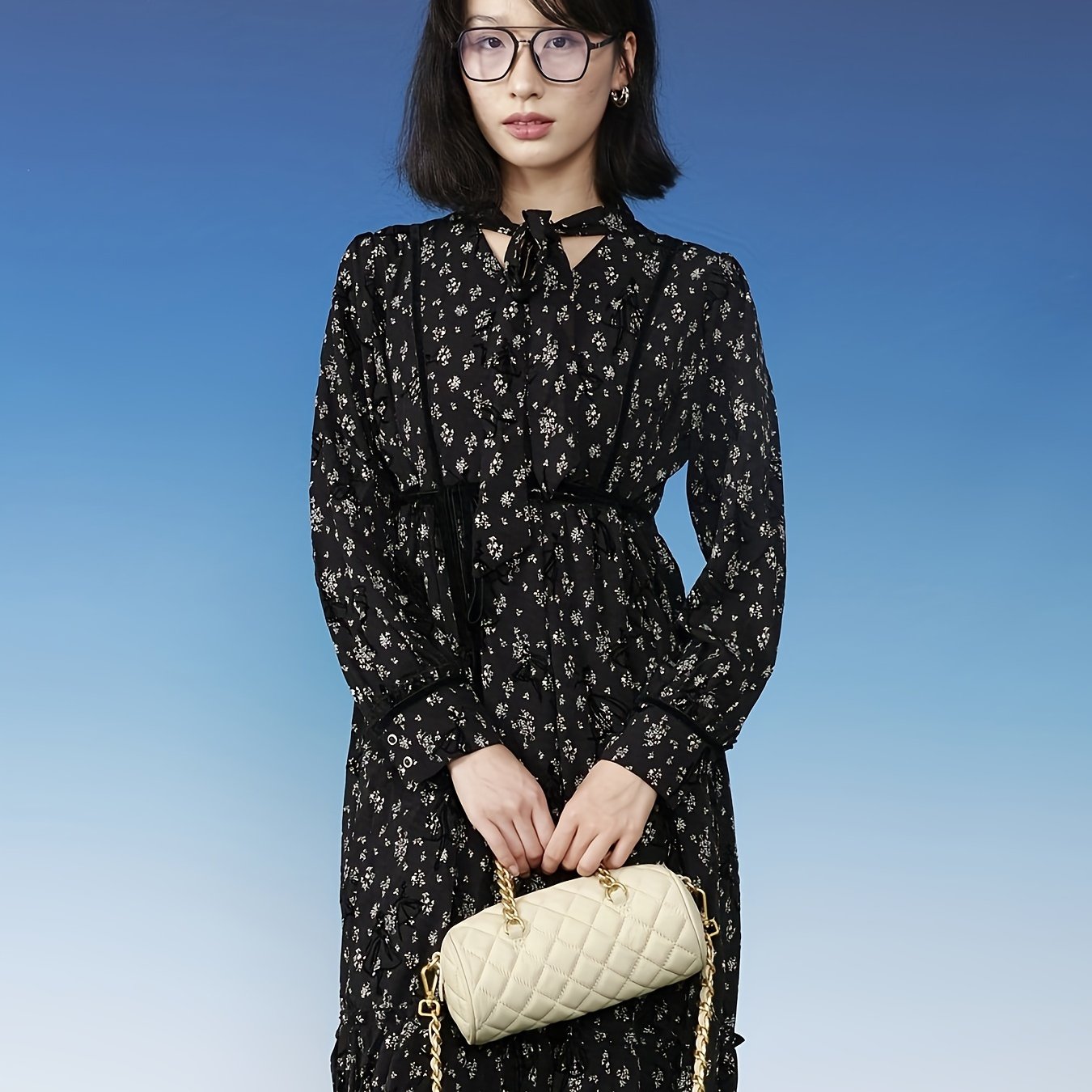 Floral Print Tie Neck Dress, Casual Long Sleeve Knee Length Dress For Spring & Fall, Women's Clothing