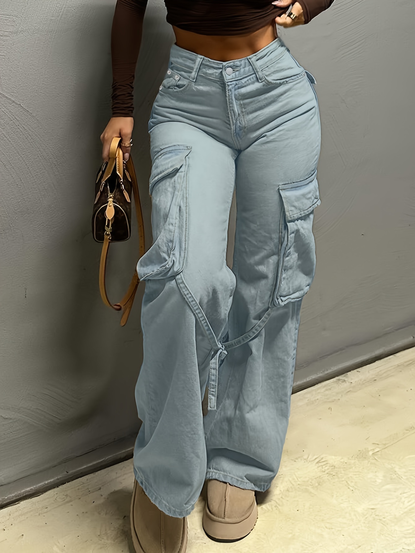 Women's High-Waisted Retro Streetwear Style Adjustable Belted Flare Jeans With Multiple Pockets, Cotton And Polyester Blend, Machine Washable