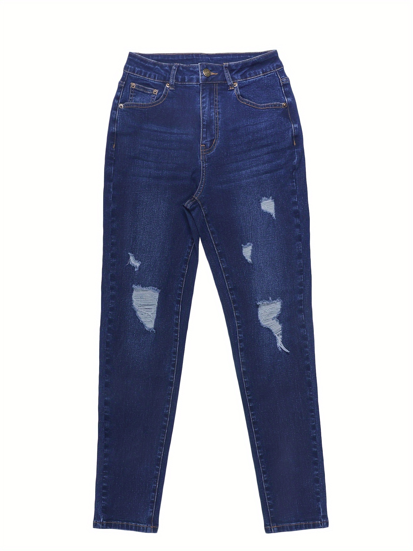 Skinny Fit Ripped Plain Washed Blue Casual Style Zipper Button Closure Denim Pants, Women's Denim Jeans & Clothing