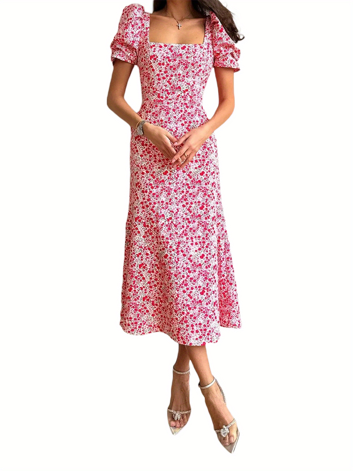 Floral Print Square Neck Midi Dress, Elegant Puff Sleeve A Line Dress For Spring & Summer, Women's Clothing