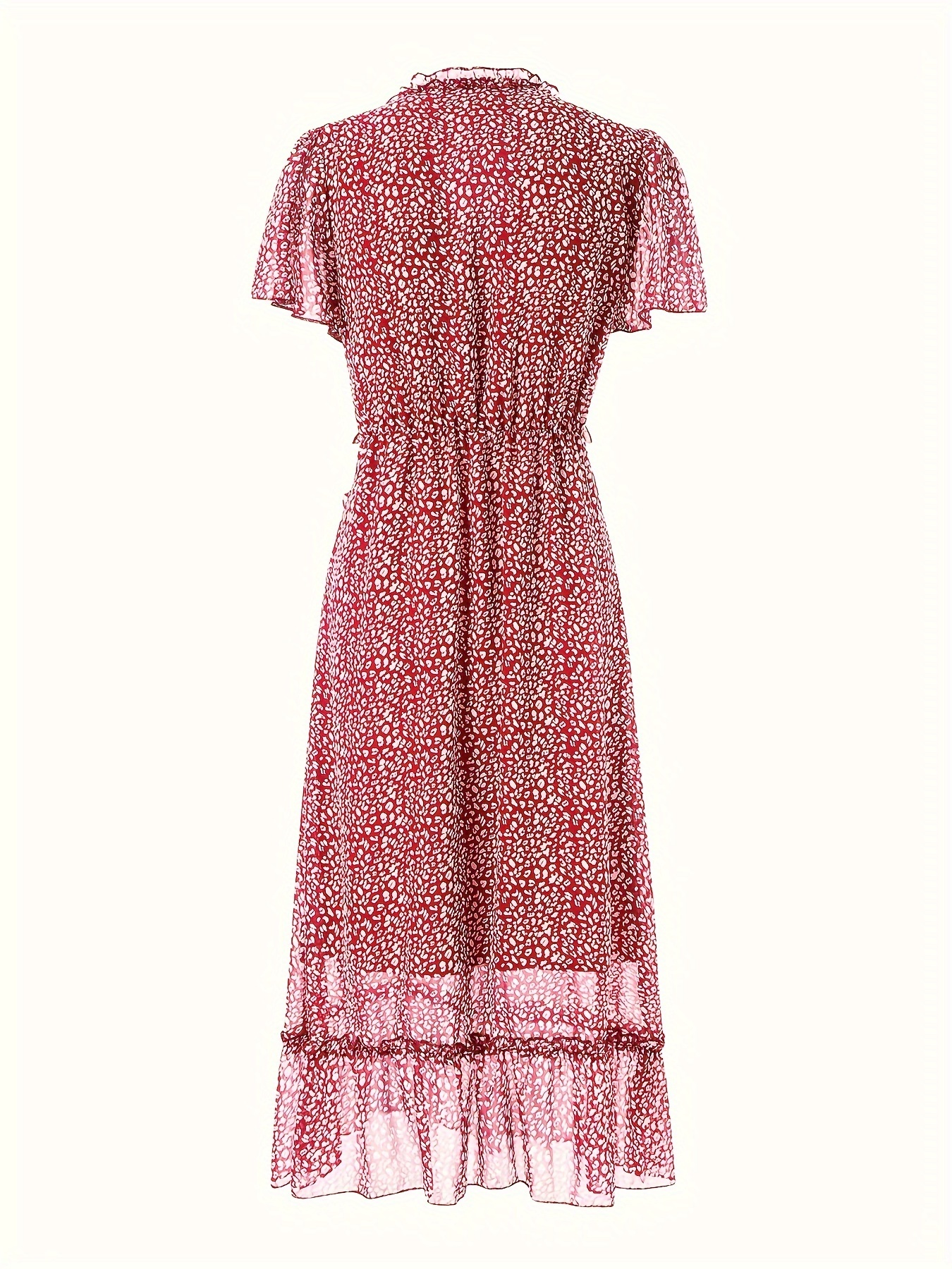 Floral Print Ruffle Trim V-neck Dress, Elegant Short Sleeve A-line Dress For Spring & Summer, Women's Clothing