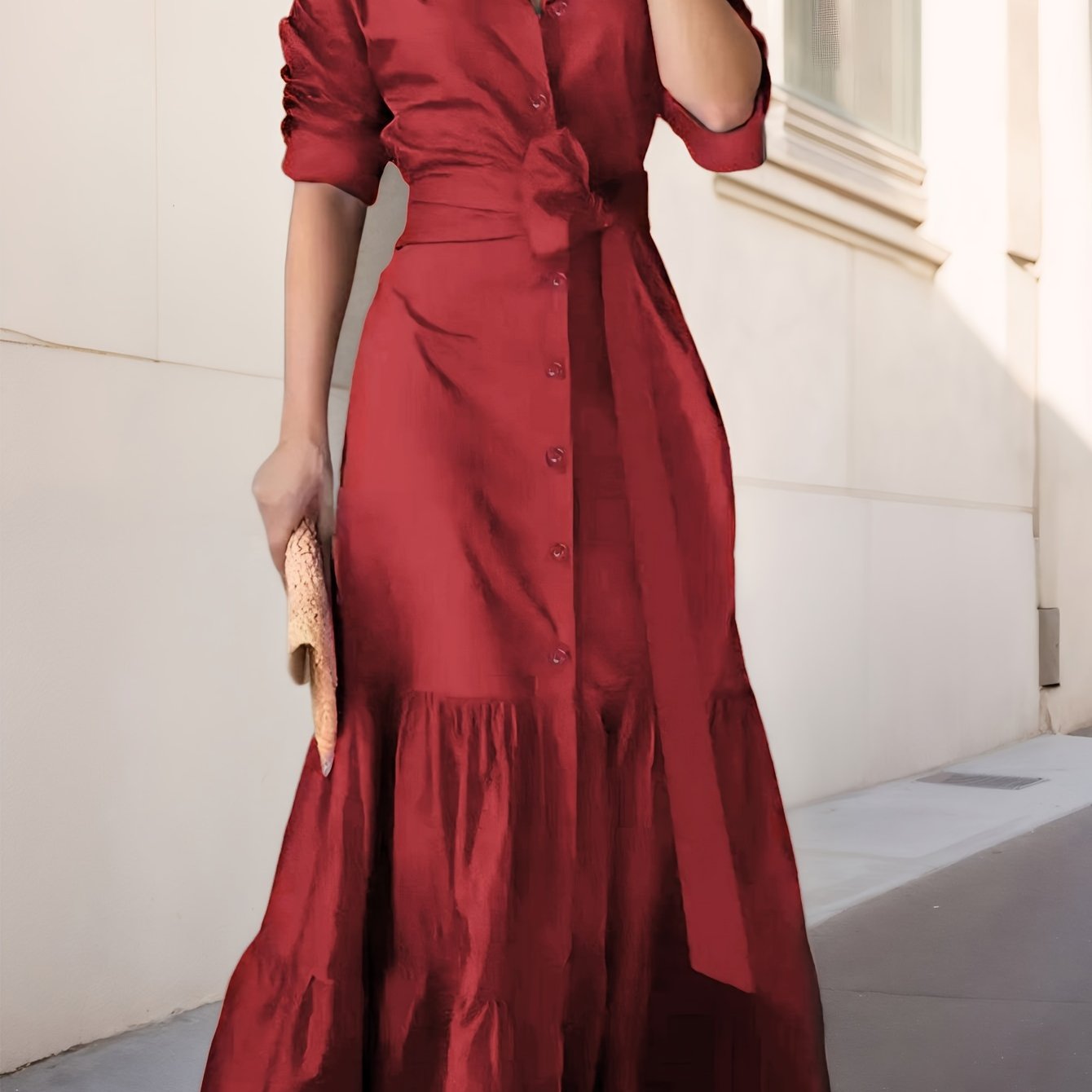 Women's Casual Tie V Neck Dress Fall Winter Long Sleeve A Line Swing Tunic Maxi Dress