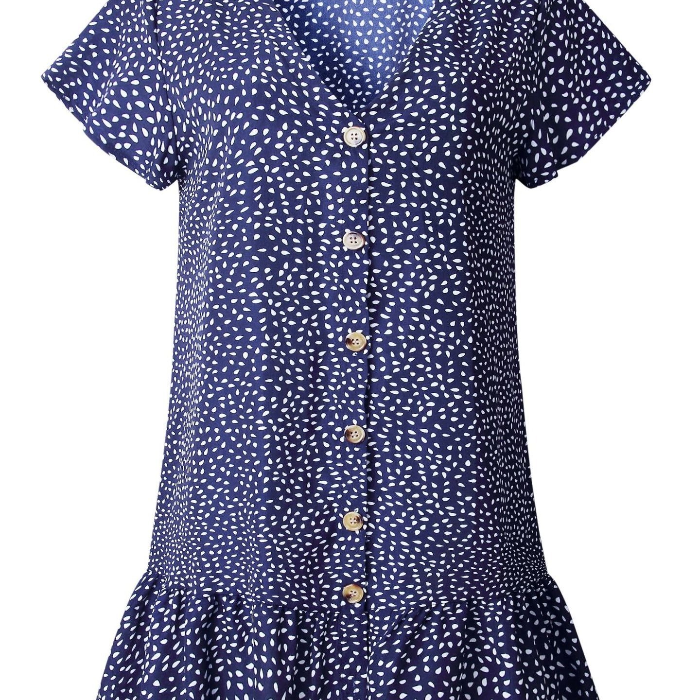Spring Summer Fashion Print V-Neck Button Ruffled Women's Dress