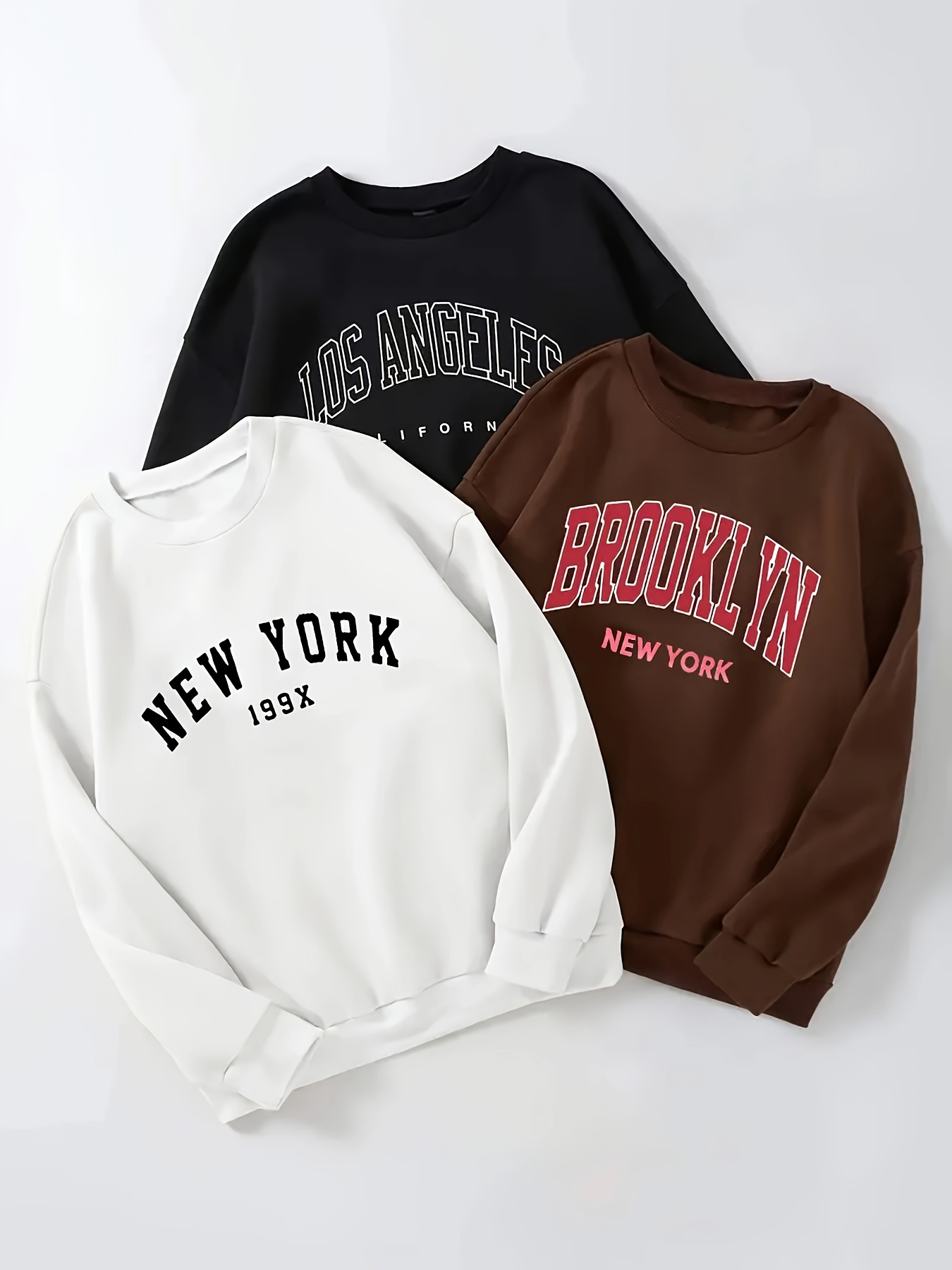 3Pcs Letter Print Pullover Sweatshirts, Long Sleeve Crew Neck Fleece Liner Sweatshirts, Women's Clothing