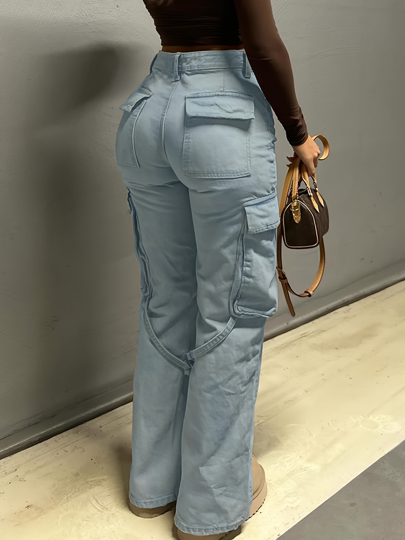 Women's High-Waisted Retro Streetwear Style Adjustable Belted Flare Jeans With Multiple Pockets, Cotton And Polyester Blend, Machine Washable
