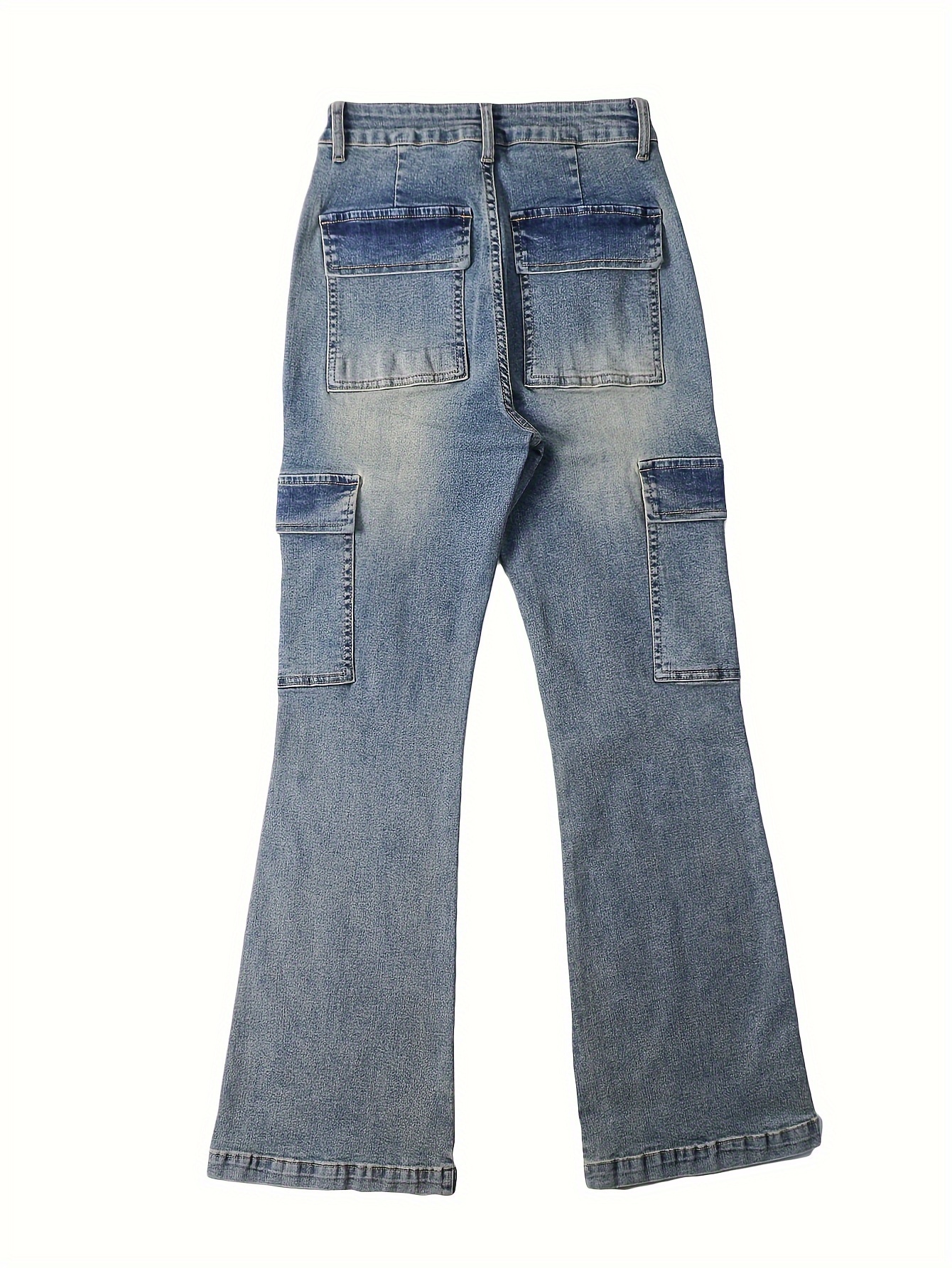 Plain Washed Blue Side Flap Pocket Streetwear Loose Fit Cargo Jeans Denim Pants, Women's Denim Jeans & Clothing