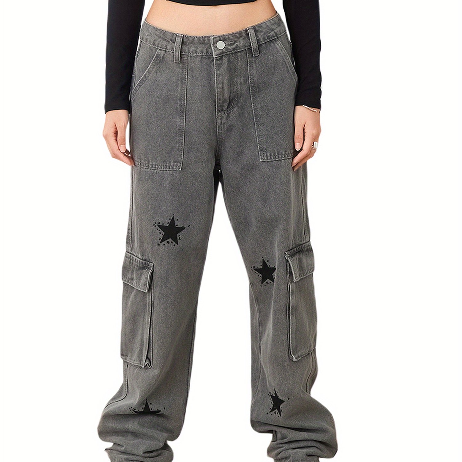 Women Straight Denim Pants, Big Pockets Star Print Long Pants Street Casual Fall Spring Trousers