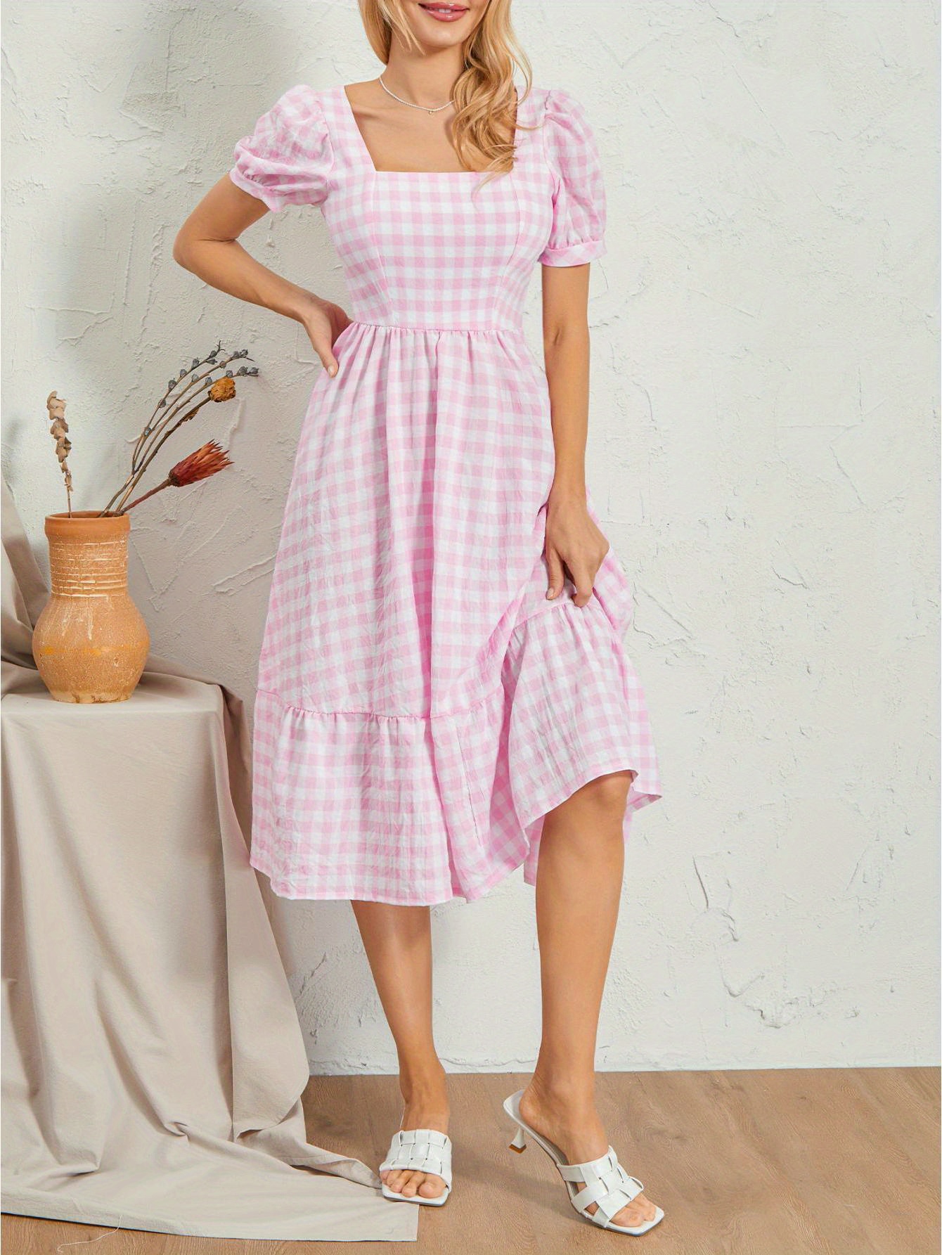 Gingham Print Square Neck Midi Dress, Casual Puff Sleeve A Line Dress For Spring & Summer, Women's Clothing