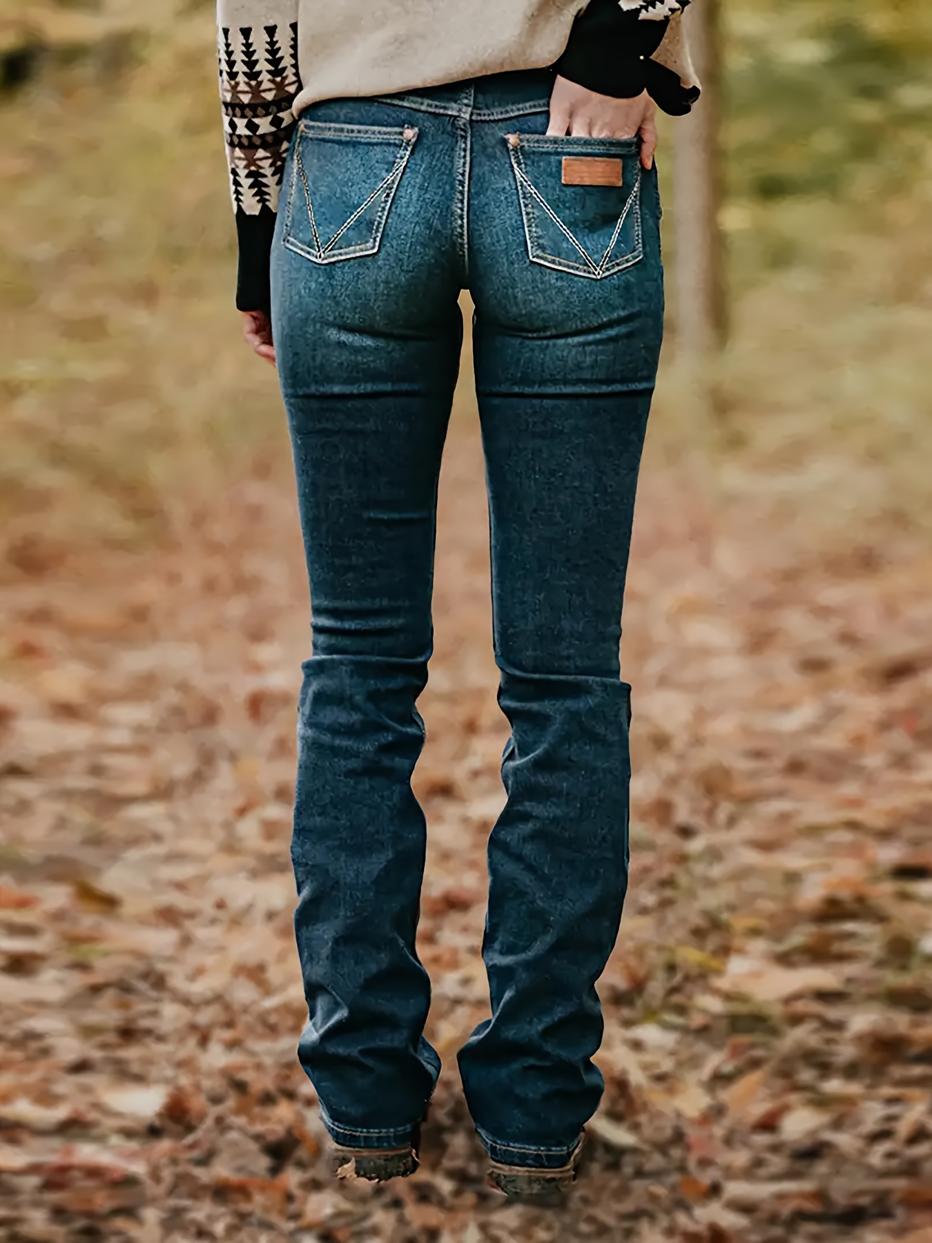 Slim Fit Whiskering Washed Blue Retro Style Zipper Button Closure Denim Pants, Women's Denim Jeans & Clothing