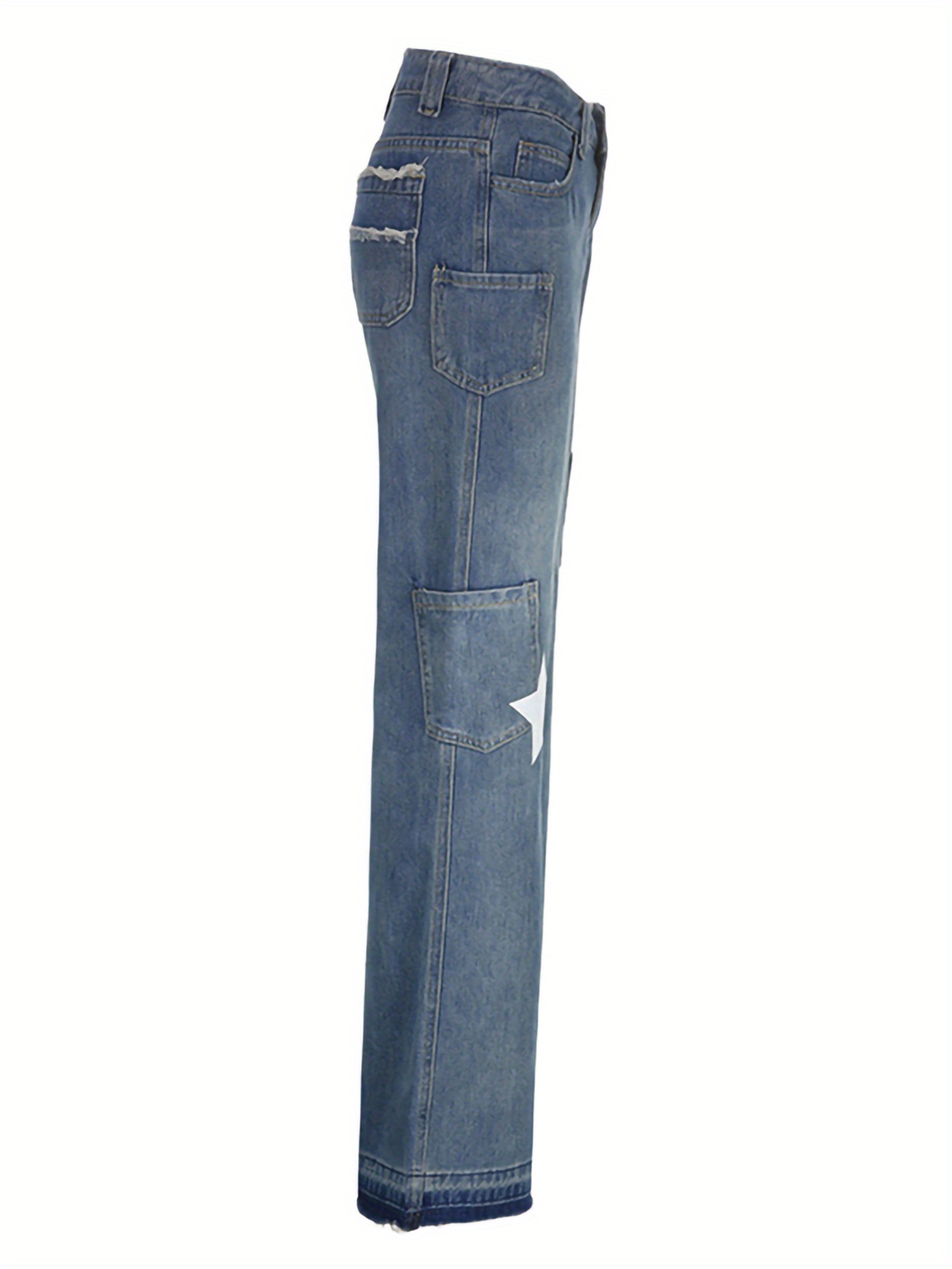 Female Jeans, Star Patterns High Waist Long Straight-Leg Pants with Pockets for Spring Fall, Blue, S FM FL