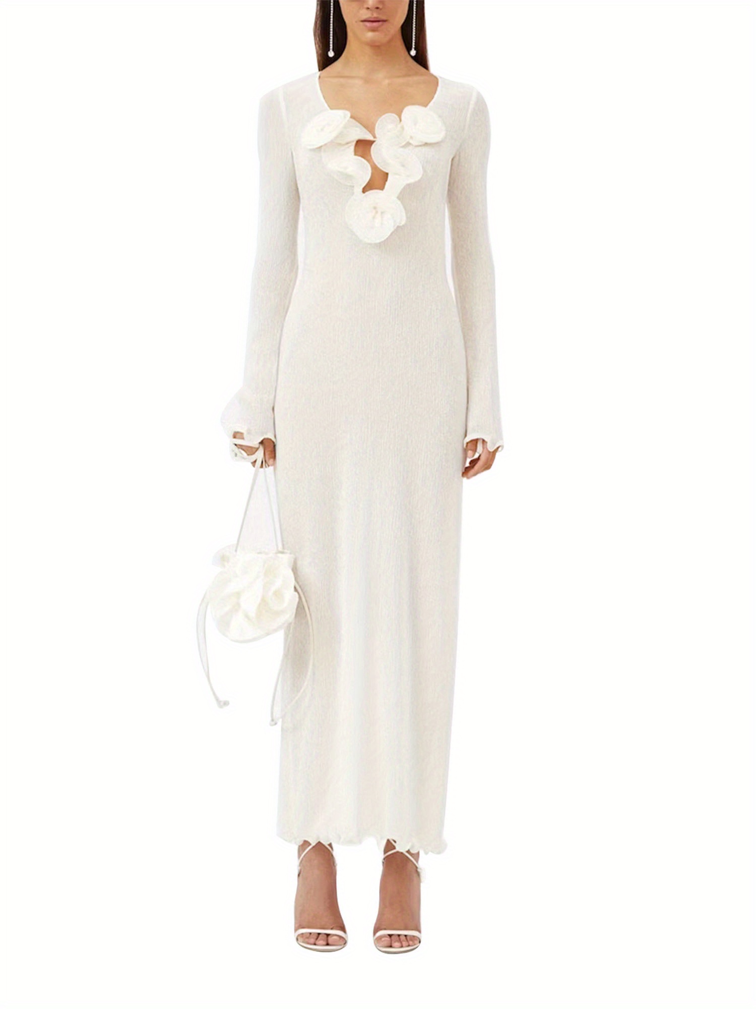 Women Long Dress, Long Sleeve Slit Dress Flower Slim Fit Cocktail Dress for Party Evening