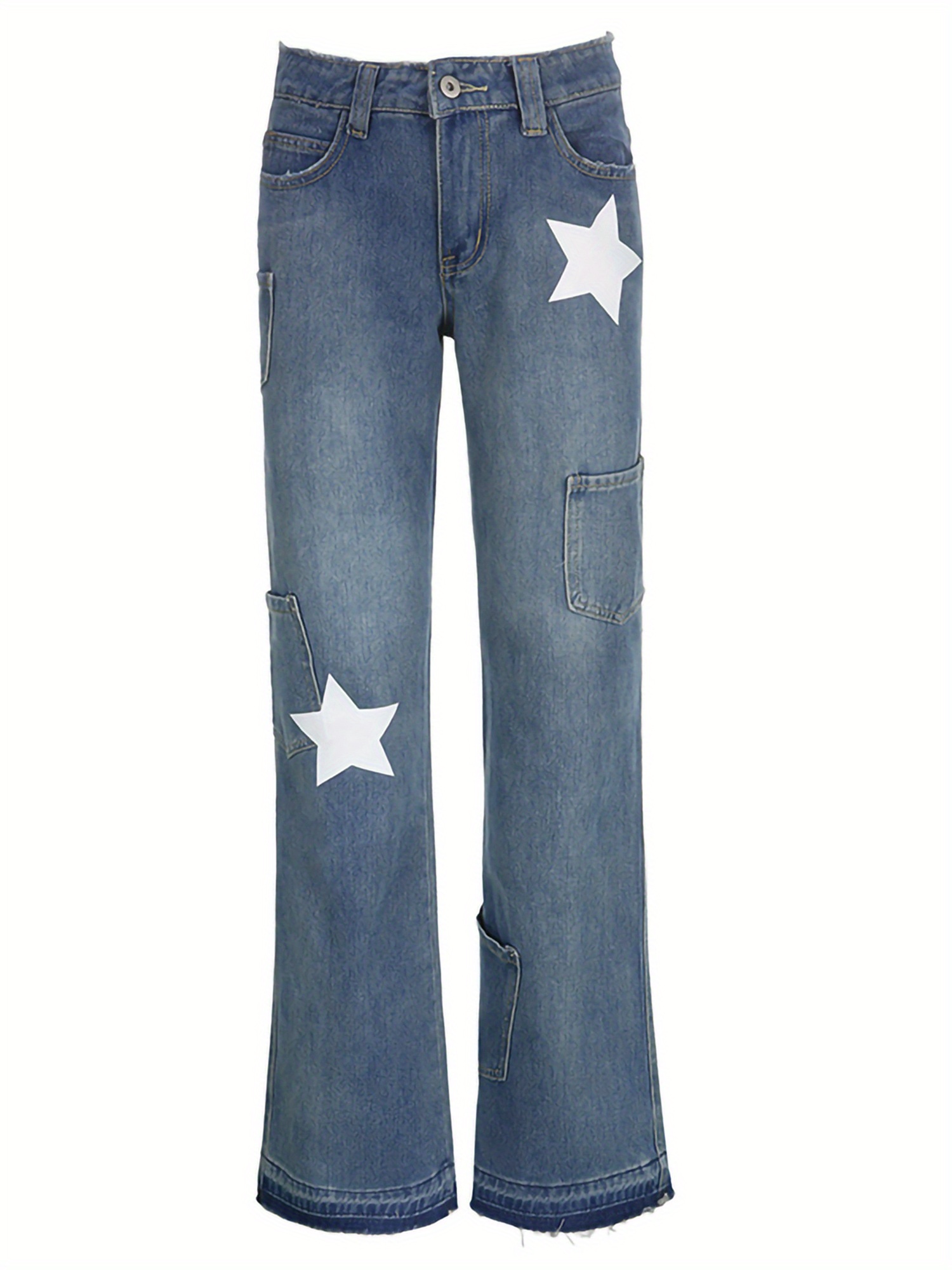 Female Jeans, Star Patterns High Waist Long Straight-Leg Pants with Pockets for Spring Fall, Blue, S FM FL