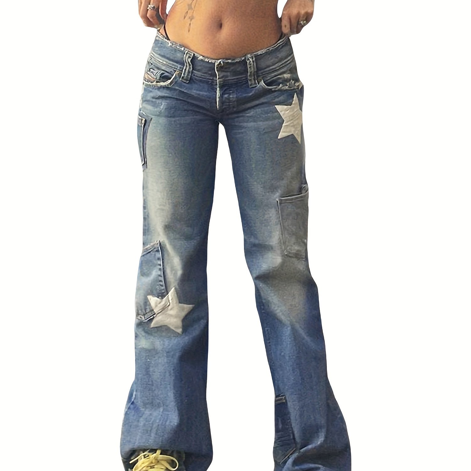 Female Jeans, Star Patterns High Waist Long Straight-Leg Pants With Pockets For Spring Fall, Blue, S FM FL