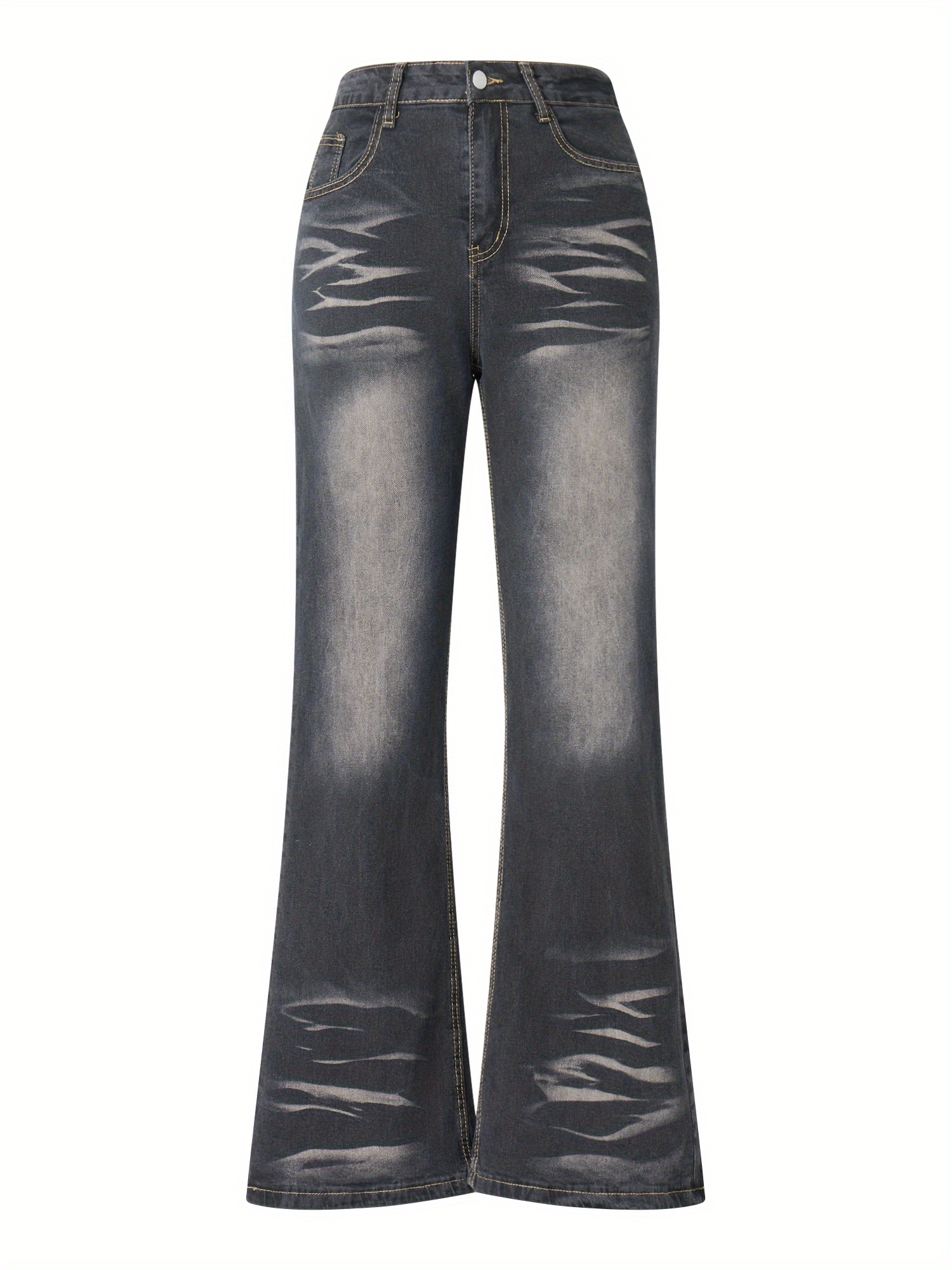 Whiskering Washed Casual Style Zipper Button Closure Wide Leg Denim Pants, Women's Denim Jeans & Clothing