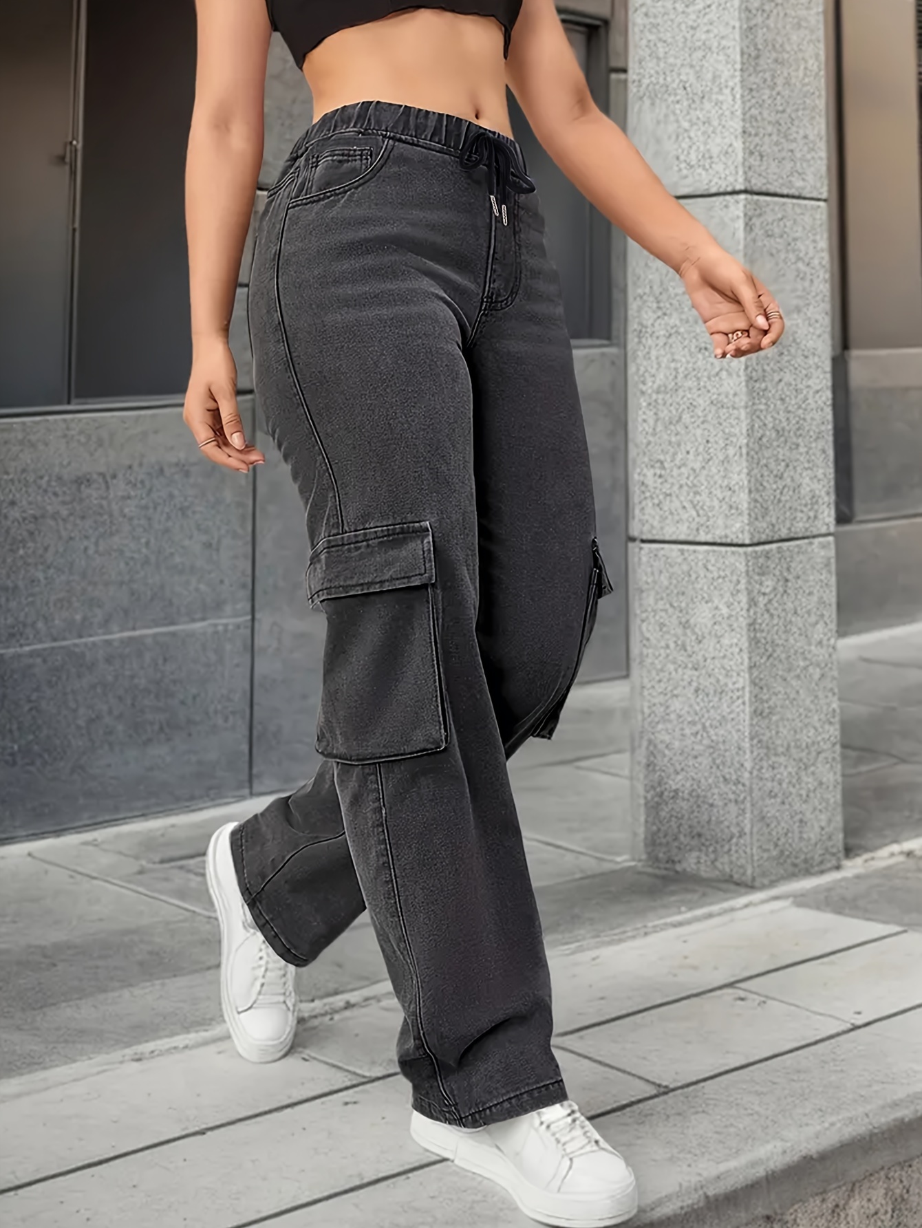 Plain Grey Side Flap Pocket Streetwear Loose Fit Drawstring Elastic Waistband Cargo Jeans Denim Pants, Women's Denim Jeans & Clothing