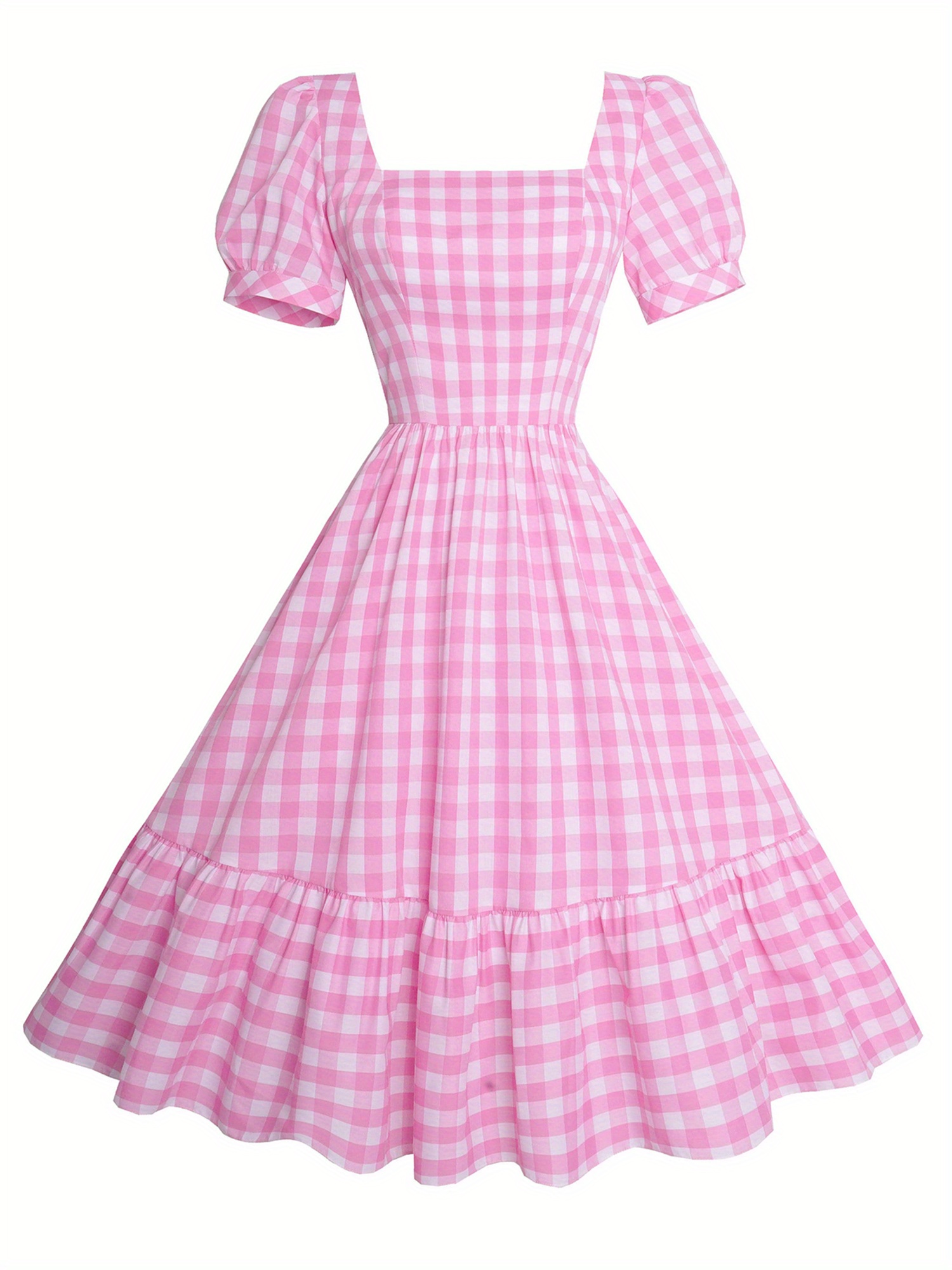 Gingham Print Square Neck Midi Dress, Casual Puff Sleeve A Line Dress For Spring & Summer, Women's Clothing