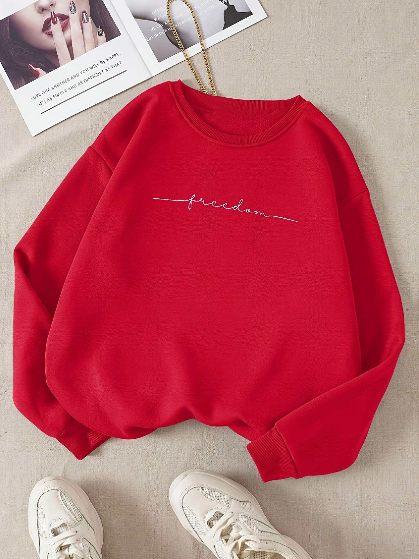 4pcs Printed Round Neck Sports Sweatshirt, Long Sleeve Pullover Sweatshirt, Women's Clothing