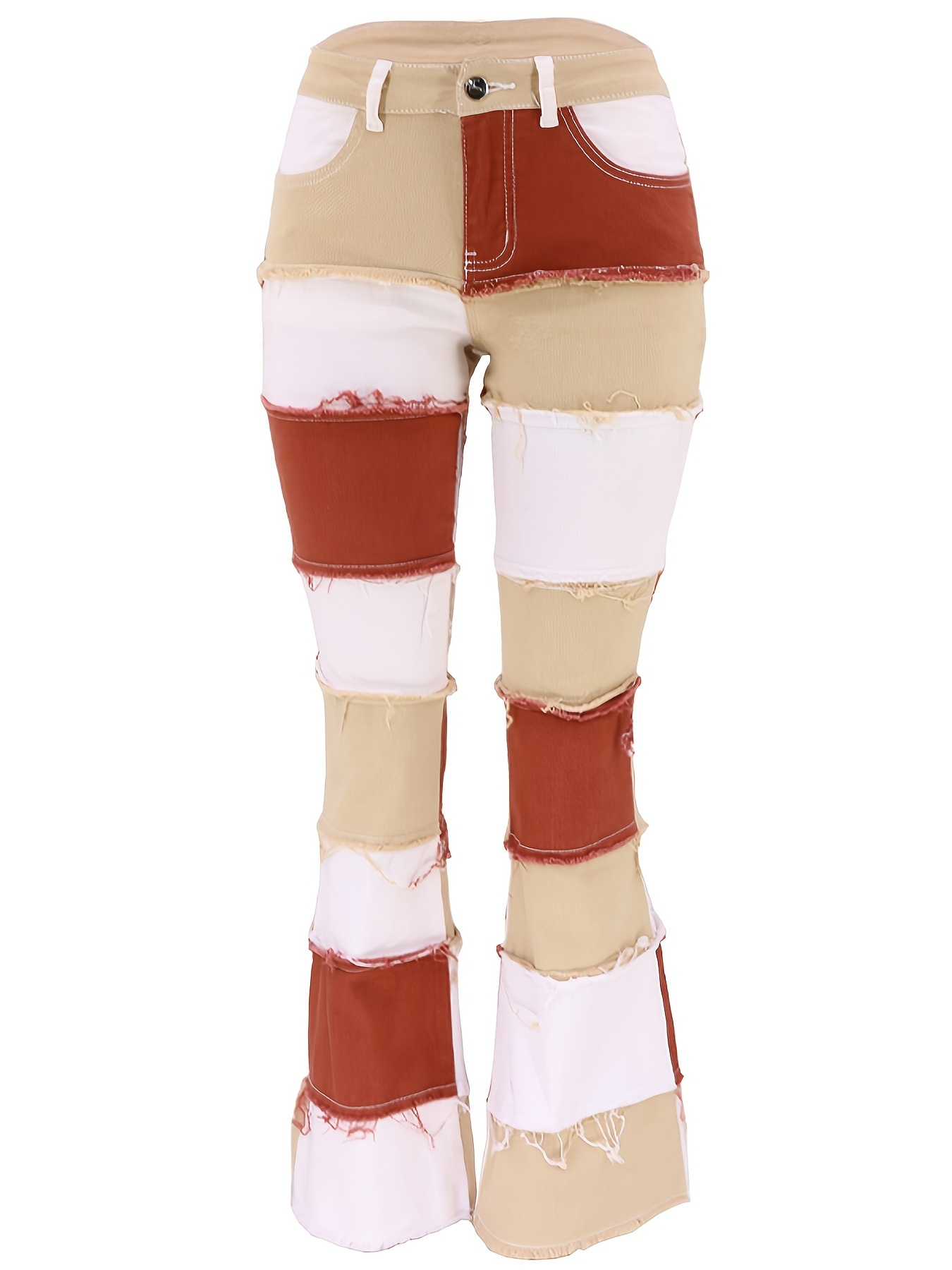 High Stretch Color Block Flared Jeans - Comfortable Patchwork Bell Bottom Denim Pants with Slash Pockets - Womens Street Style Cotton Blend All-Season Woven Denim Clothing