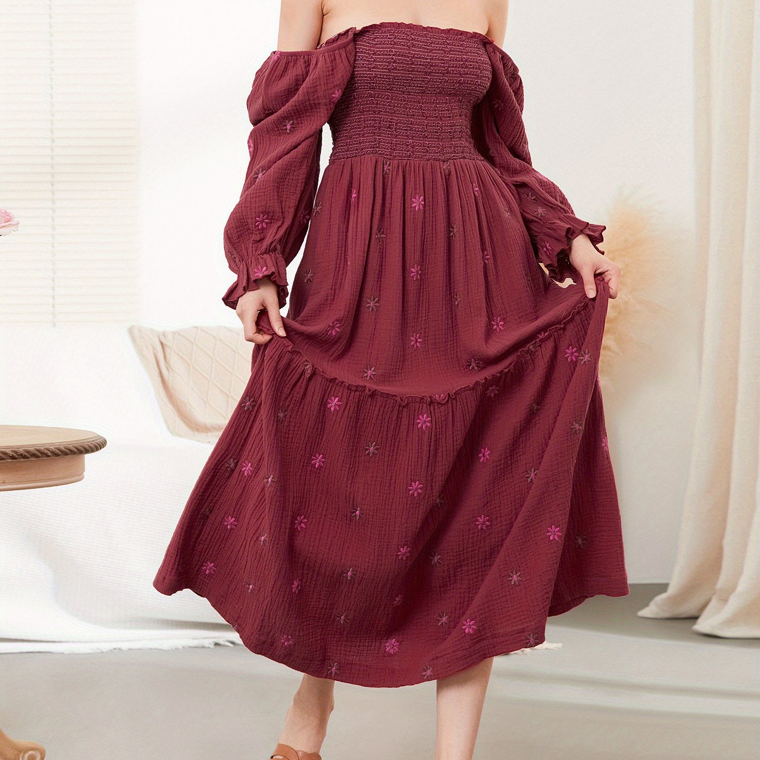 Women Summer Casual Long Dress 3D Embroidered Flowers Square Neck Puff Sleeve Dress Fashion Backless A-line Dress