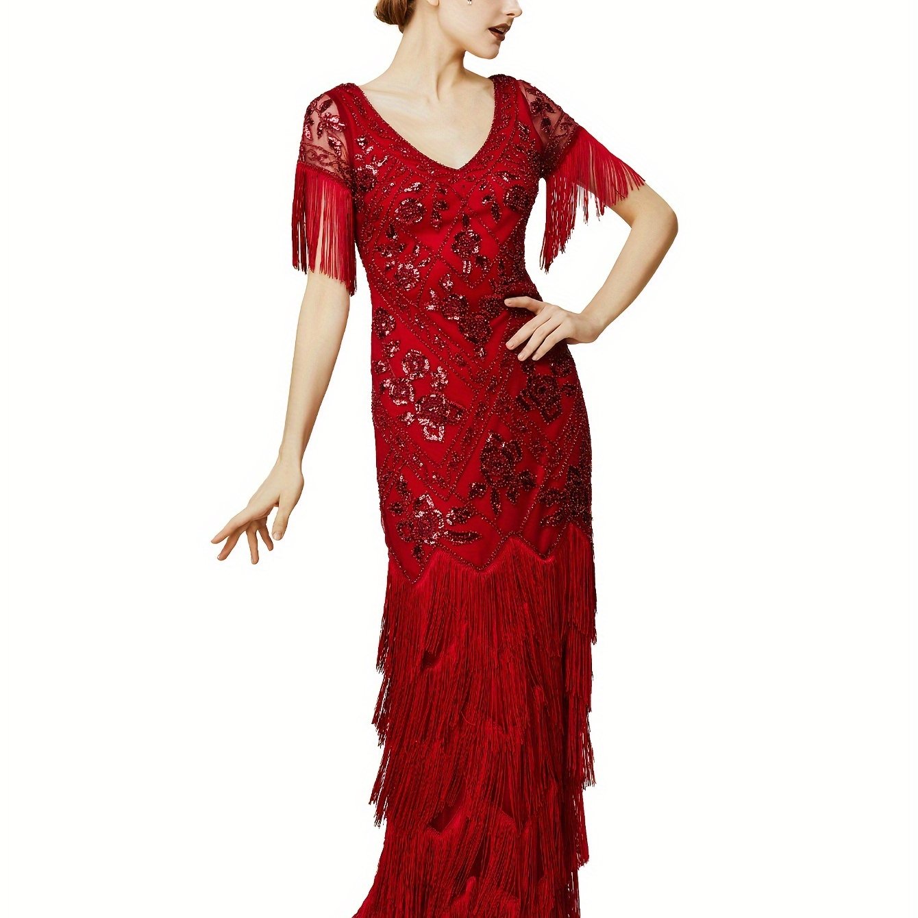 Women's Flapper Dress 1920s V-Neck Evening Gown Sequin Beaded Maxi Dress For Wedding Black Silver