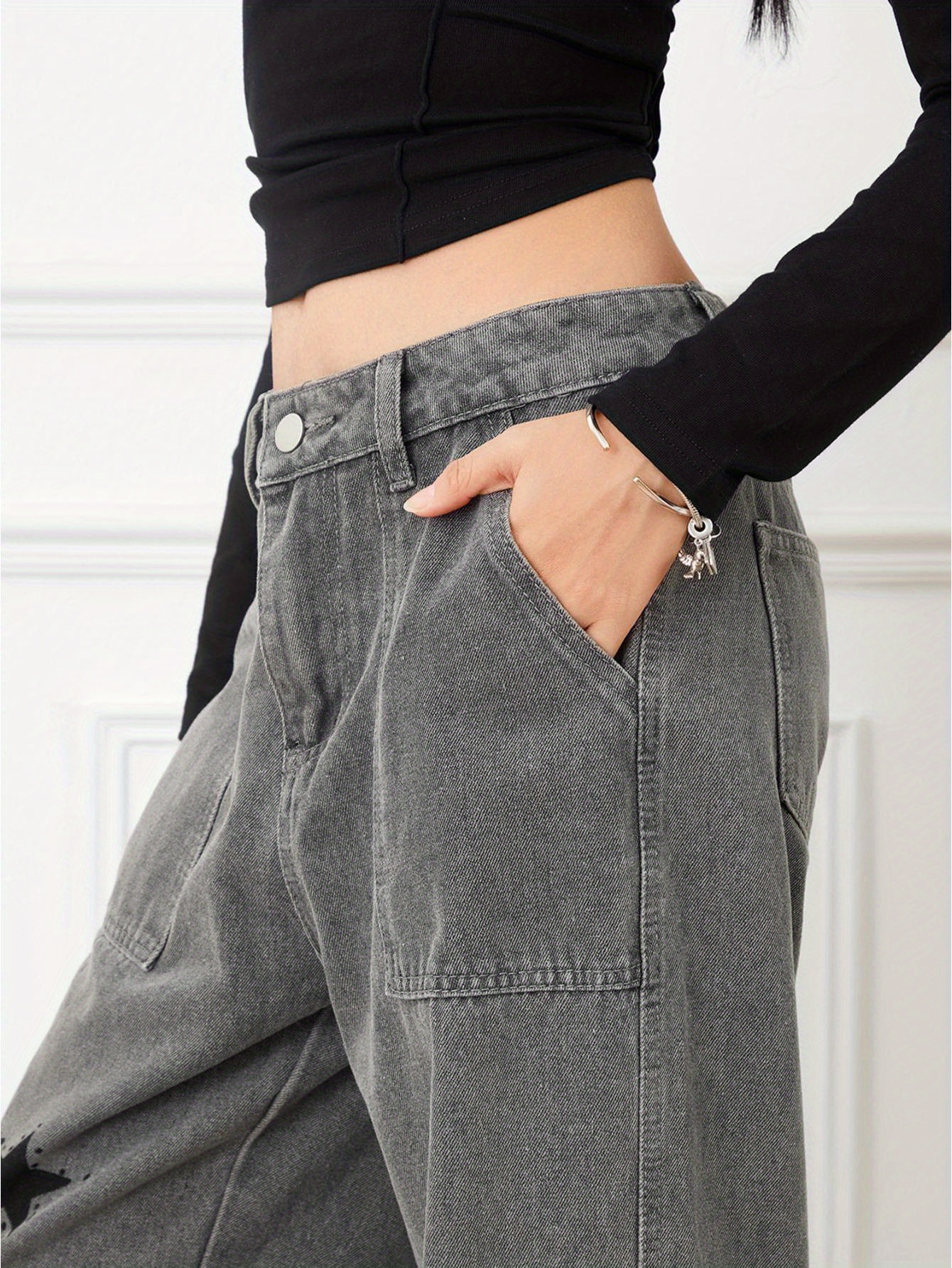 Women Straight Denim Pants, Big Pockets Star Print Long Pants Street Casual Fall Spring Trousers