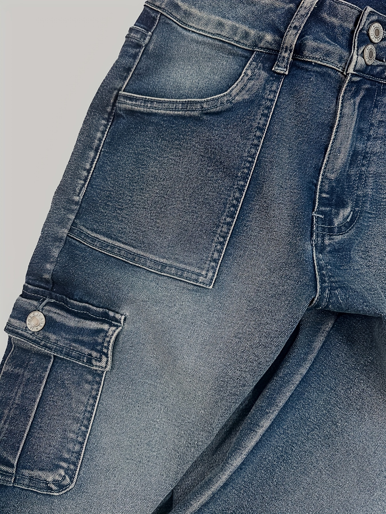 High-Waisted Retro Distressed Denim Jeans With Multiple Pockets, Stretch Cotton Blend, Classic Fit, Zipper Fly, And Button Closure
