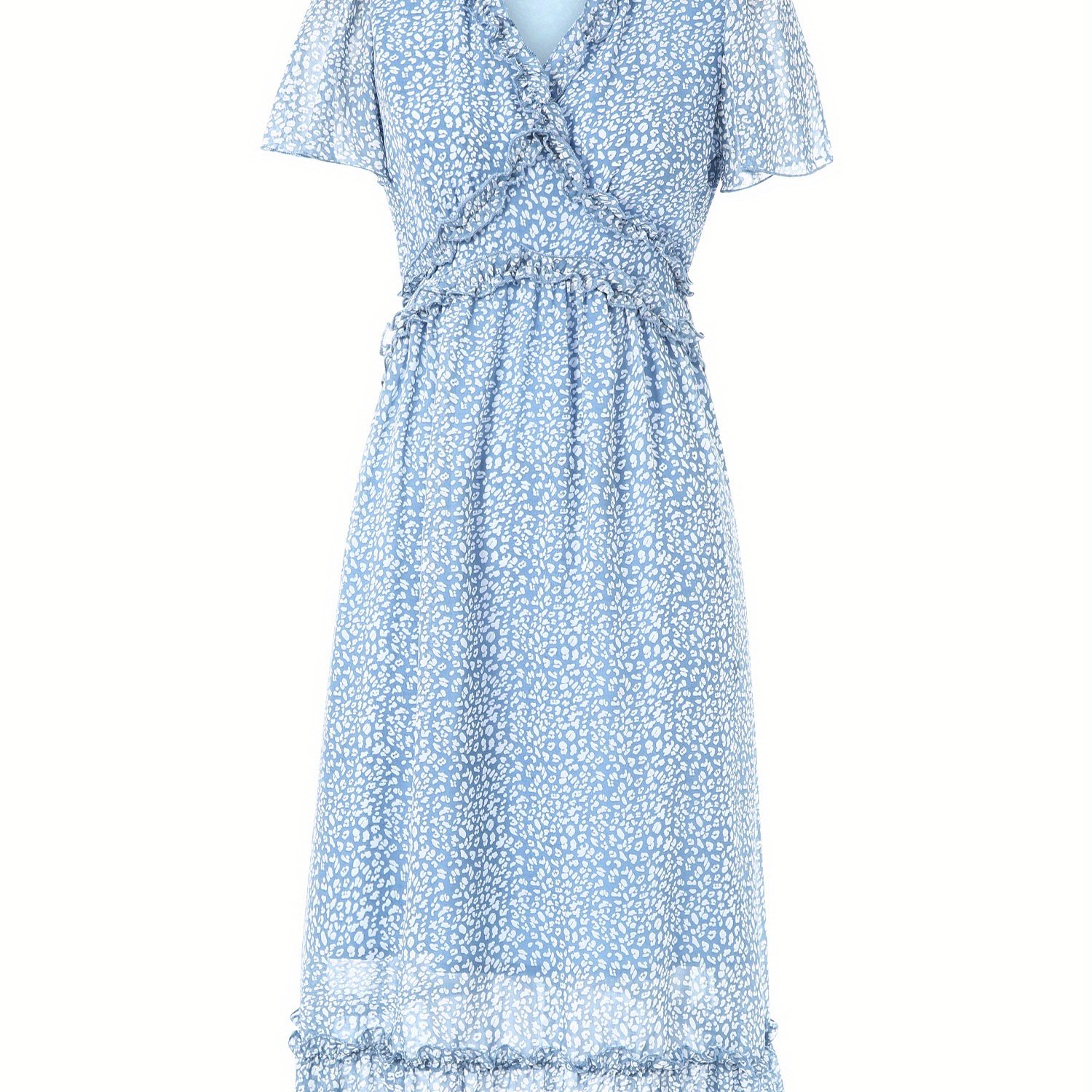 Floral Print Ruffle Trim V-neck Dress, Elegant Short Sleeve A-line Dress For Spring & Summer, Women's Clothing