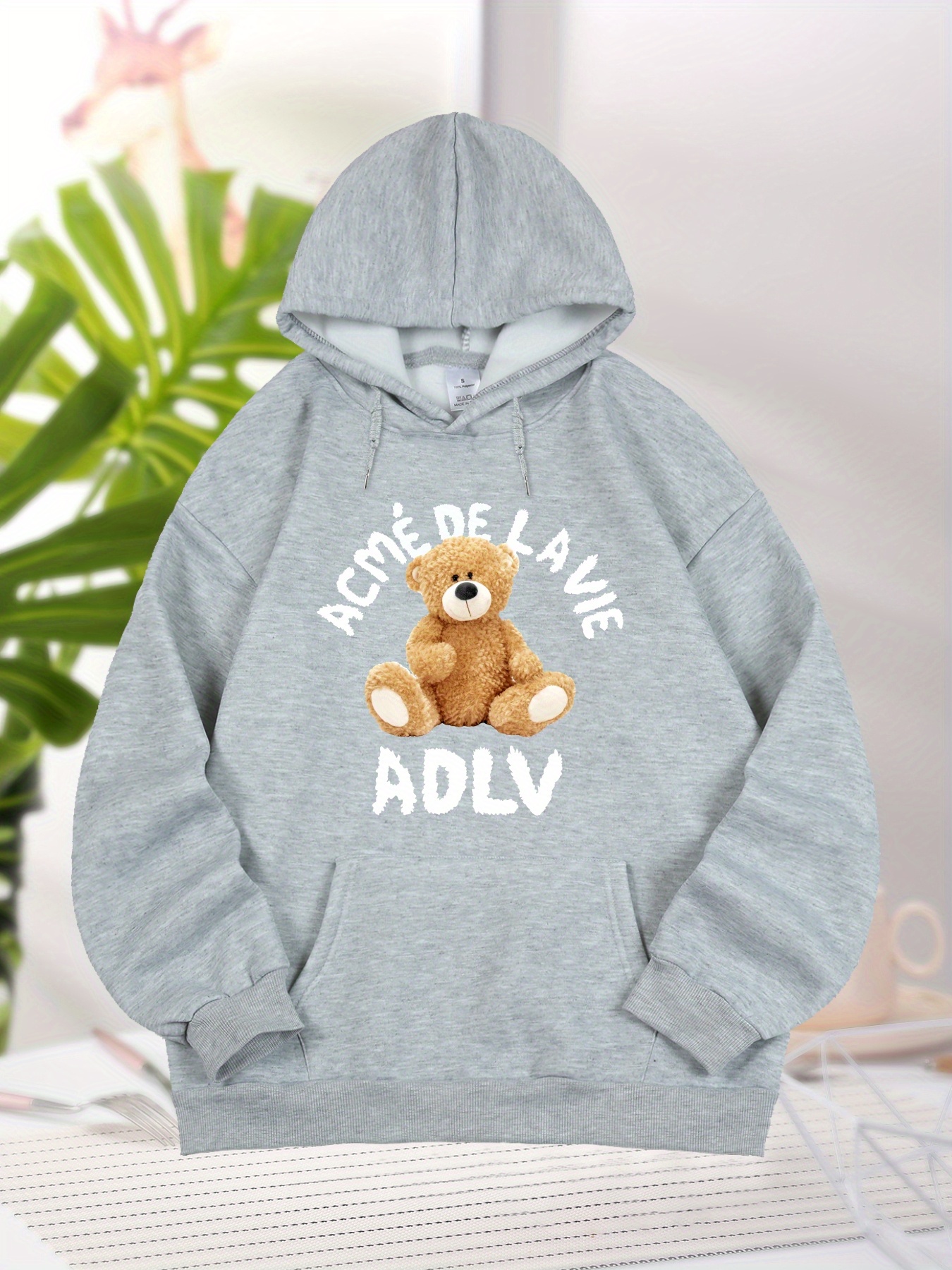 Bear And Letter Graphic Long Sleeve Hooded Sweatshirt, Fashion Drawstring Kangaroo Pocket Hoodie, Women's Clothing