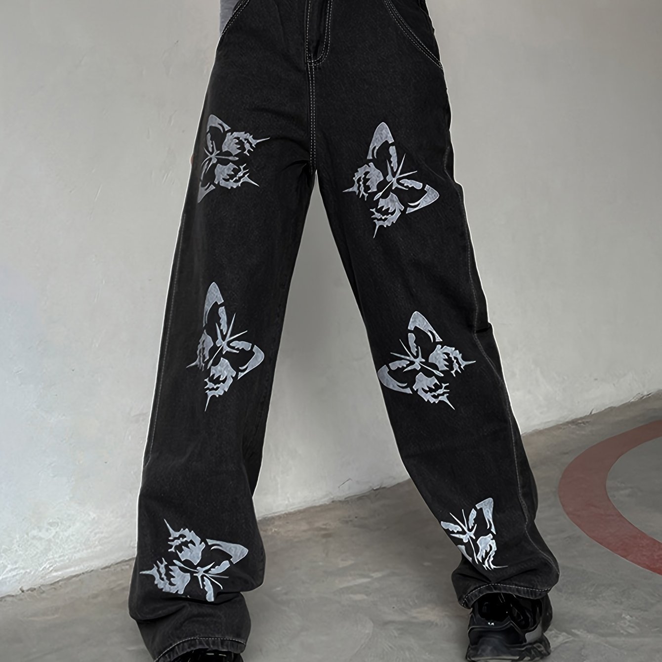 GILIPUR Women's Vintage-Inspired Butterfly Print High-Waist Straight-Leg Jeans with Pockets - Stretch Denim, Machine Washable